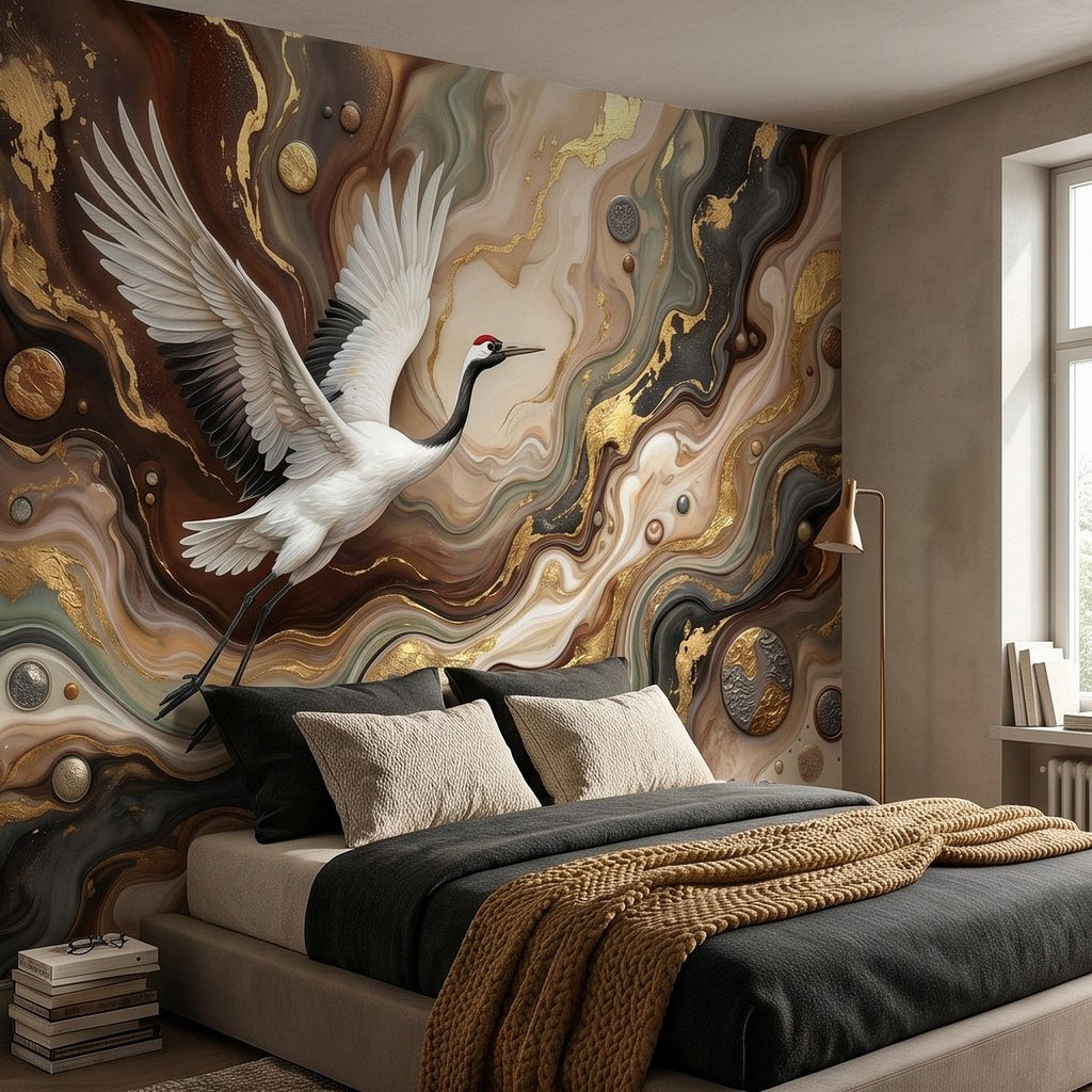 Japanese Crane Peel and Stick Wall Mural, Luxury Gold Marble Abstract Art, Elegant Flying Bird Scene, Modern Asian Wallpaper