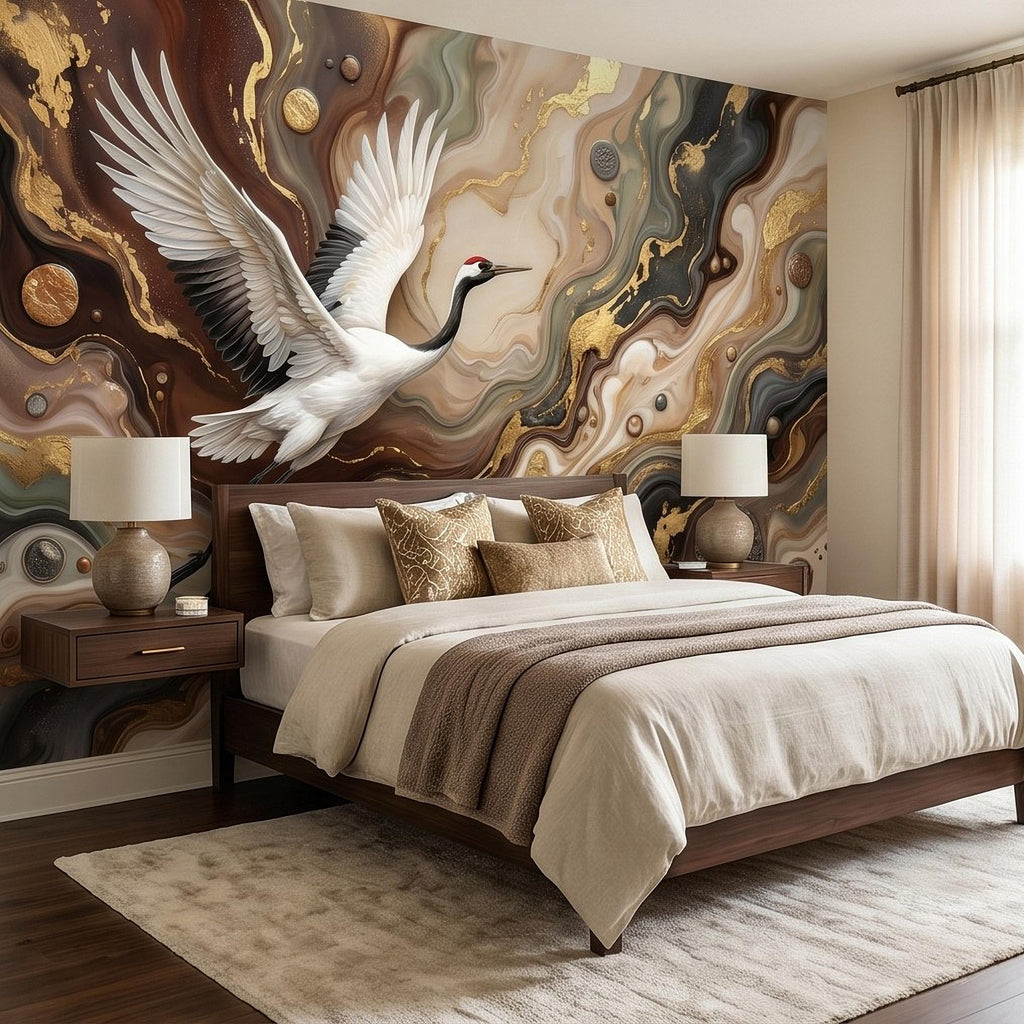 Japanese Crane Peel and Stick Wall Mural, Luxury Gold Marble Abstract Art, Elegant Flying Bird Scene, Modern Asian Wallpaper
