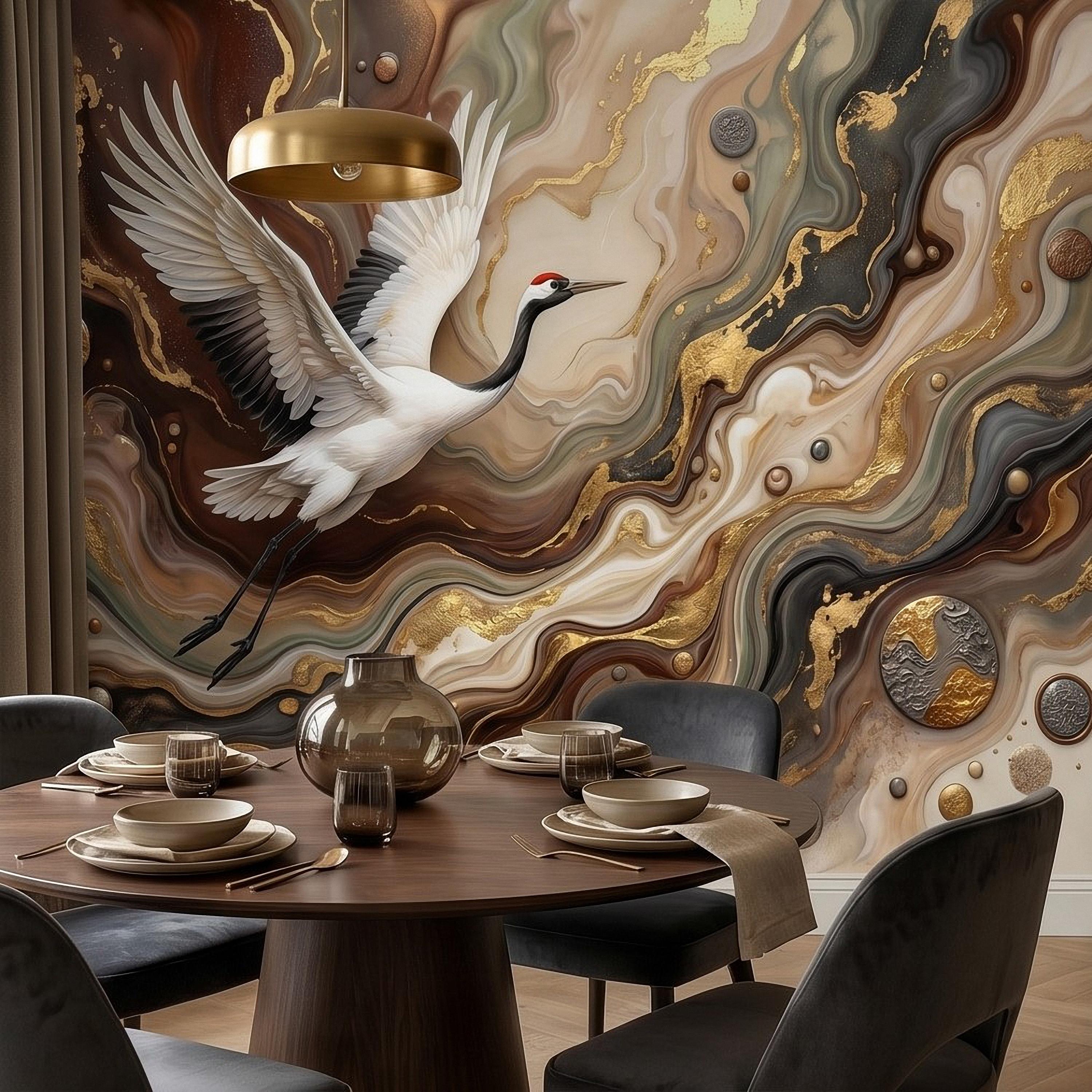 Japanese Crane Peel and Stick Wall Mural, Luxury Gold Marble Abstract Art, Elegant Flying Bird Scene, Modern Asian Wallpaper