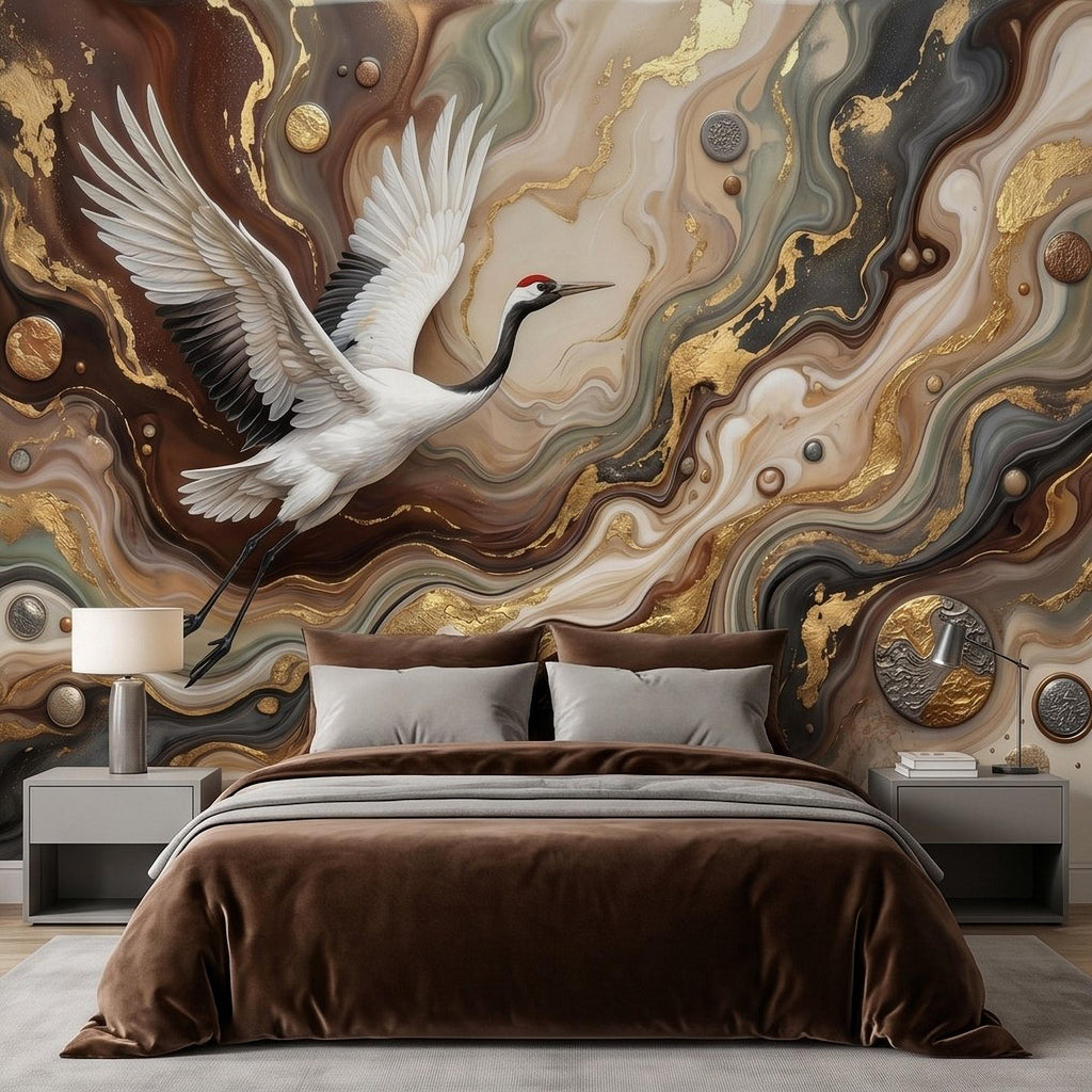 Japanese Crane Peel and Stick Wall Mural, Luxury Gold Marble Abstract Art, Elegant Flying Bird Scene, Modern Asian Wallpaper