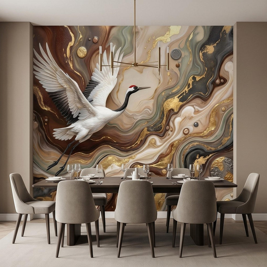 Japanese Crane Peel and Stick Wall Mural, Luxury Gold Marble Abstract Art, Elegant Flying Bird Scene, Modern Asian Wallpaper