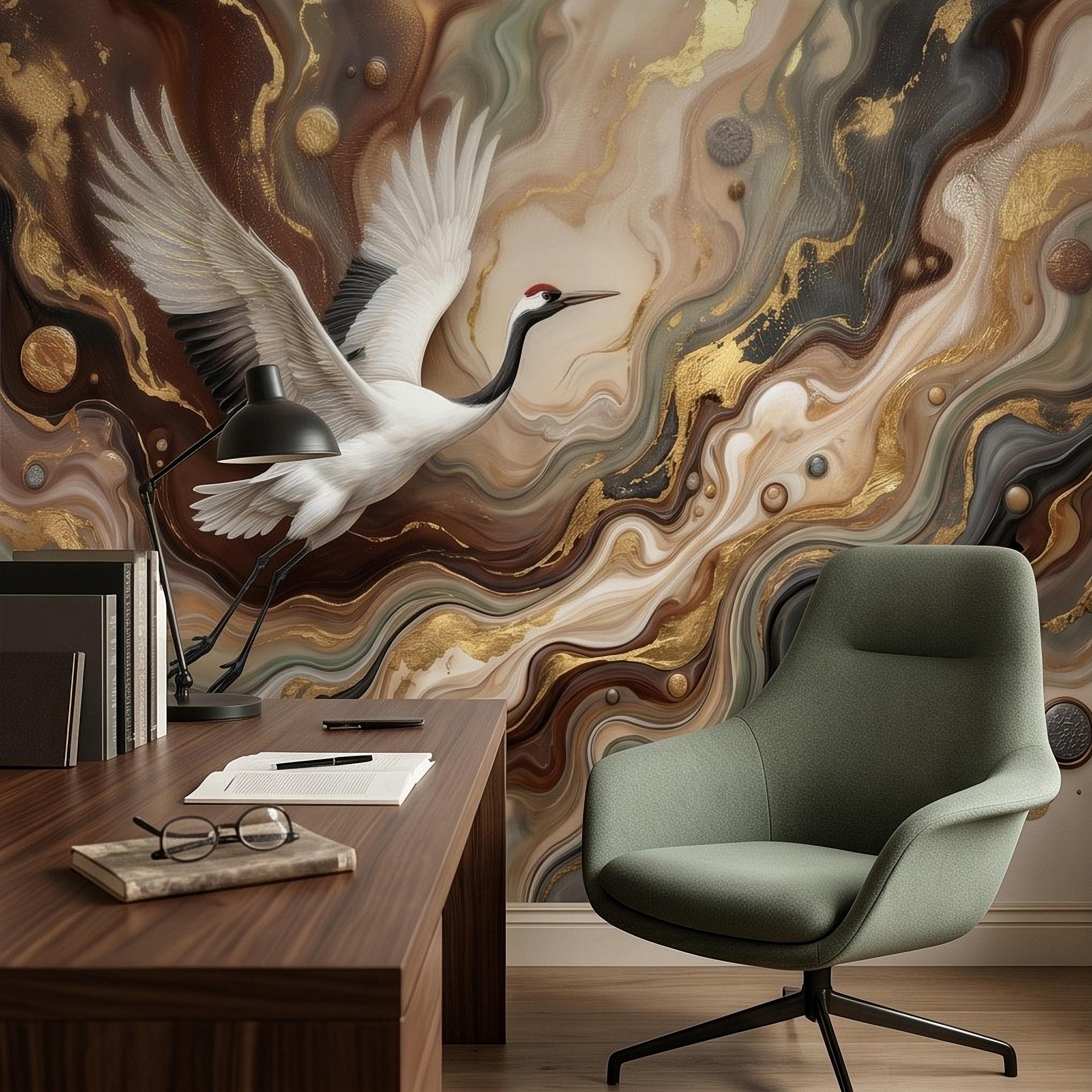 Japanese Crane Peel and Stick Wall Mural, Luxury Gold Marble Abstract Art, Elegant Flying Bird Scene, Modern Asian Wallpaper