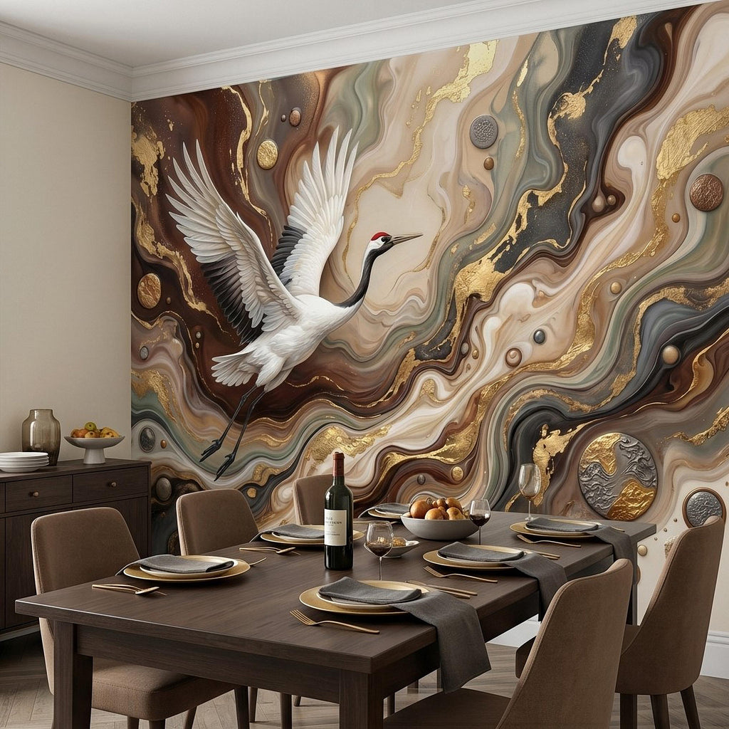 Japanese Crane Peel and Stick Wall Mural, Luxury Gold Marble Abstract Art, Elegant Flying Bird Scene, Modern Asian Wallpaper
