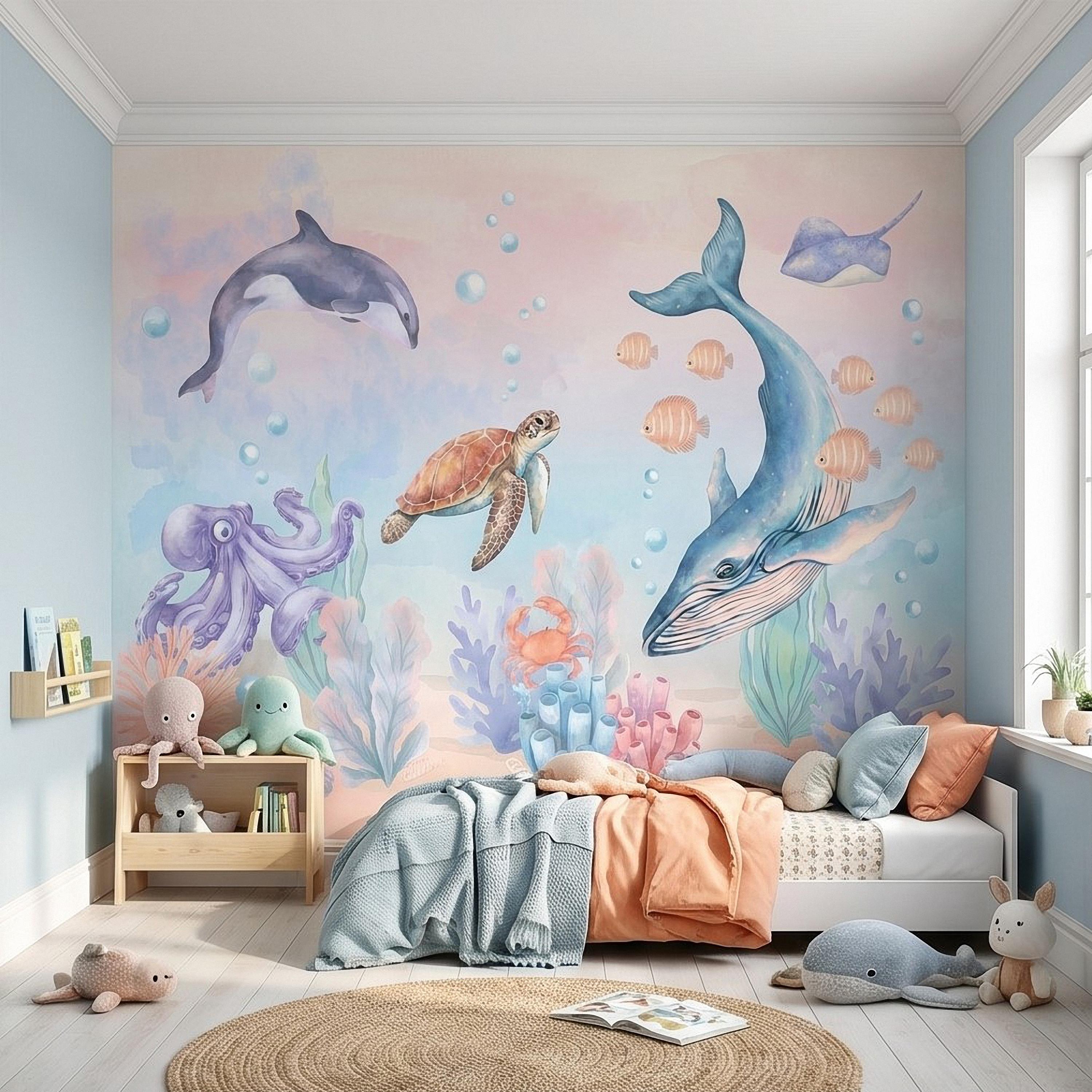 Watercolor Ocean Peel and Stick Wall Mural, Underwater Sea Animals with Whale Orca Turtle and Octopus, Pastel Nursery Wallpaper