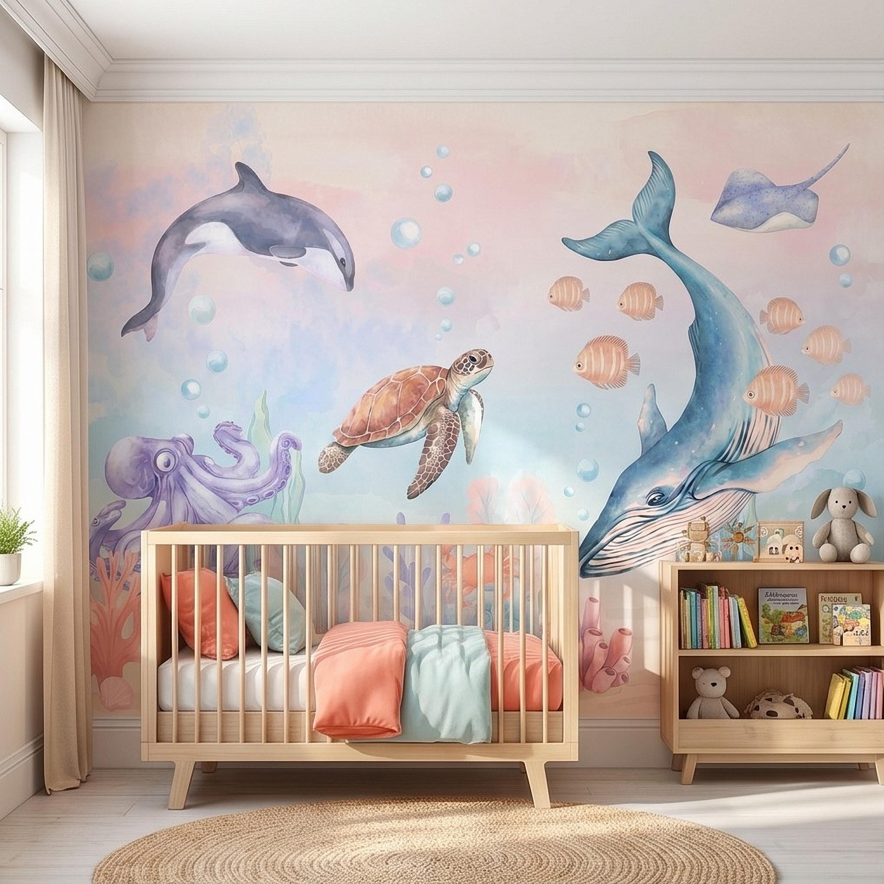 Watercolor Ocean Peel and Stick Wall Mural, Underwater Sea Animals with Whale Orca Turtle and Octopus, Pastel Nursery Wallpaper