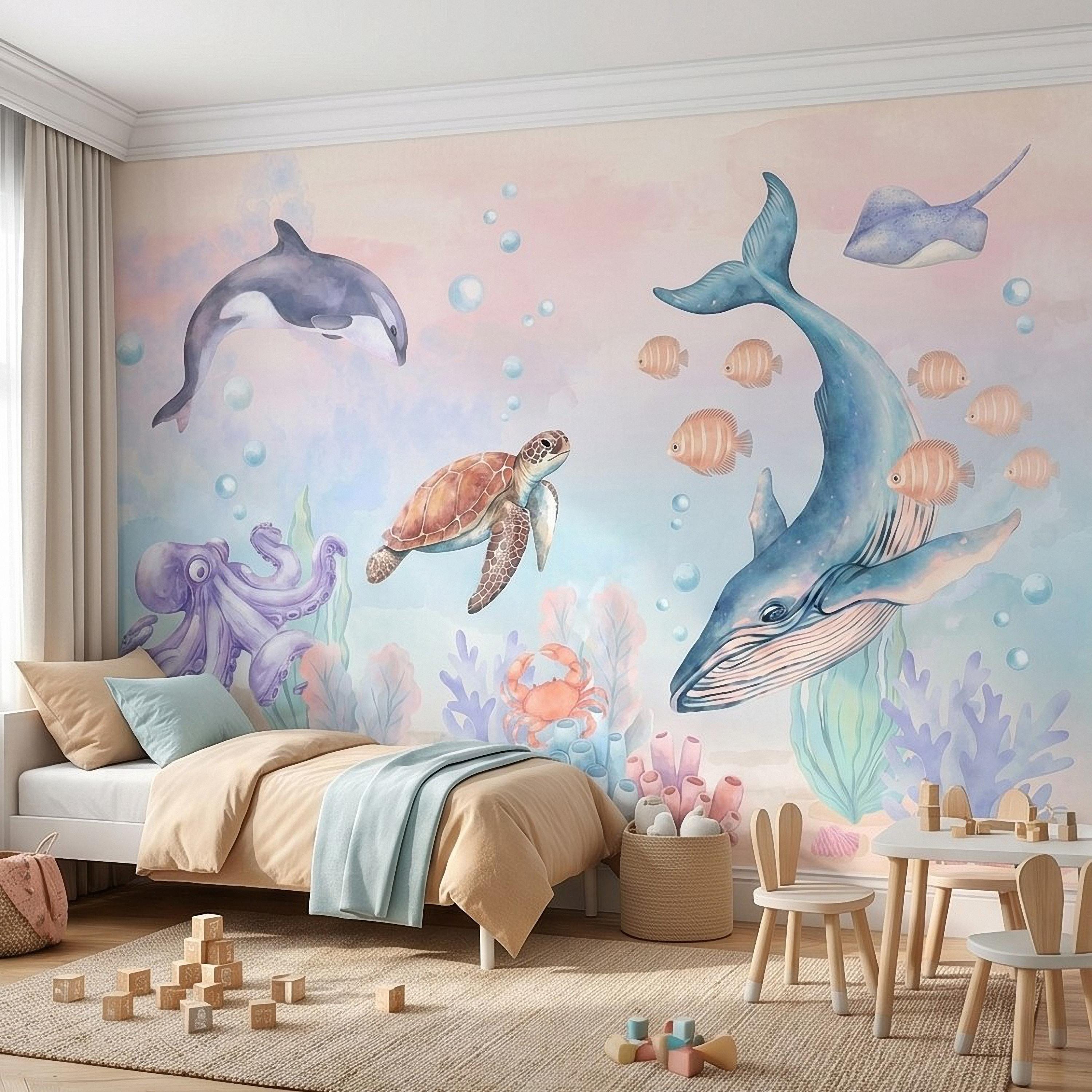 Watercolor Ocean Peel and Stick Wall Mural, Underwater Sea Animals with Whale Orca Turtle and Octopus, Pastel Nursery Wallpaper