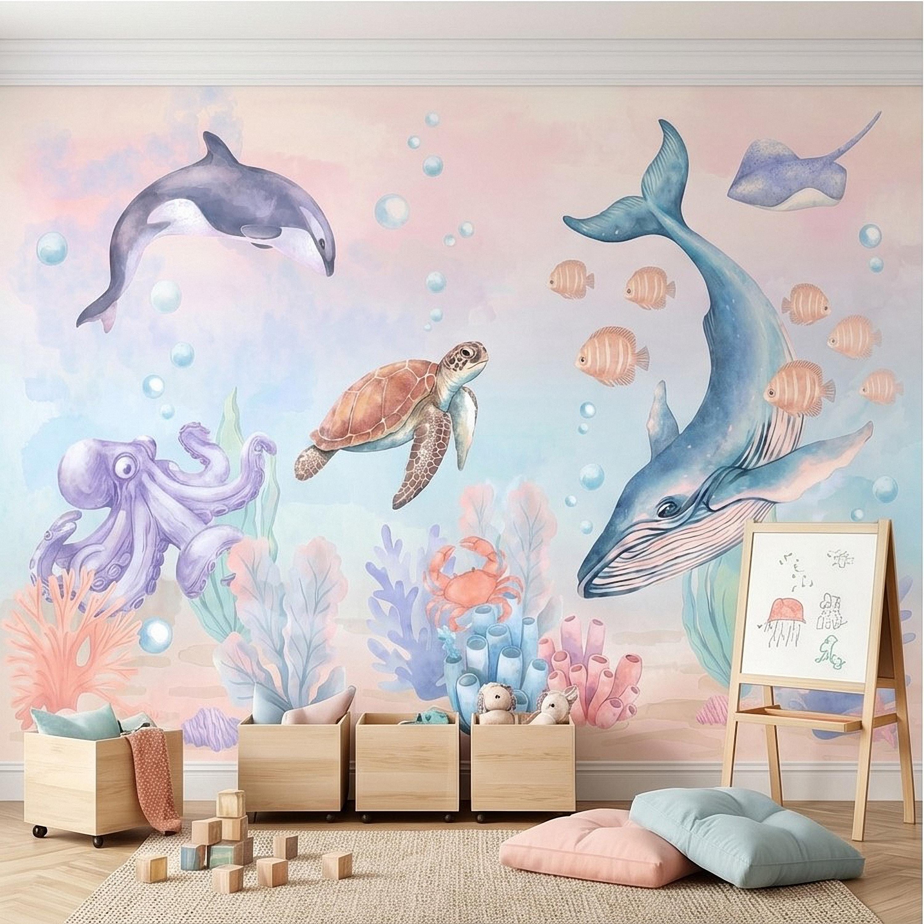 Watercolor Ocean Peel and Stick Wall Mural, Underwater Sea Animals with Whale Orca Turtle and Octopus, Pastel Nursery Wallpaper