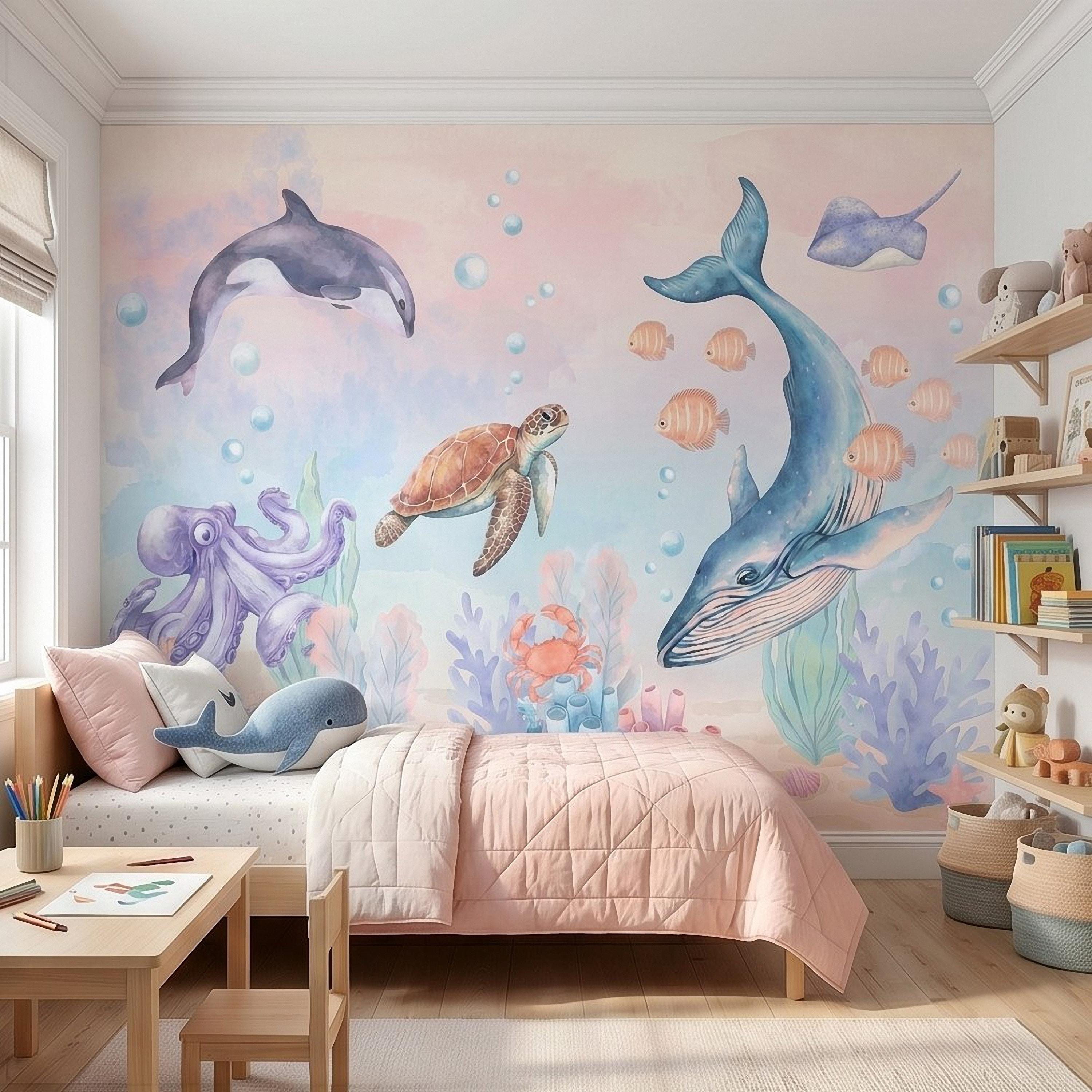 Watercolor Ocean Peel and Stick Wall Mural, Underwater Sea Animals with Whale Orca Turtle and Octopus, Pastel Nursery Wallpaper