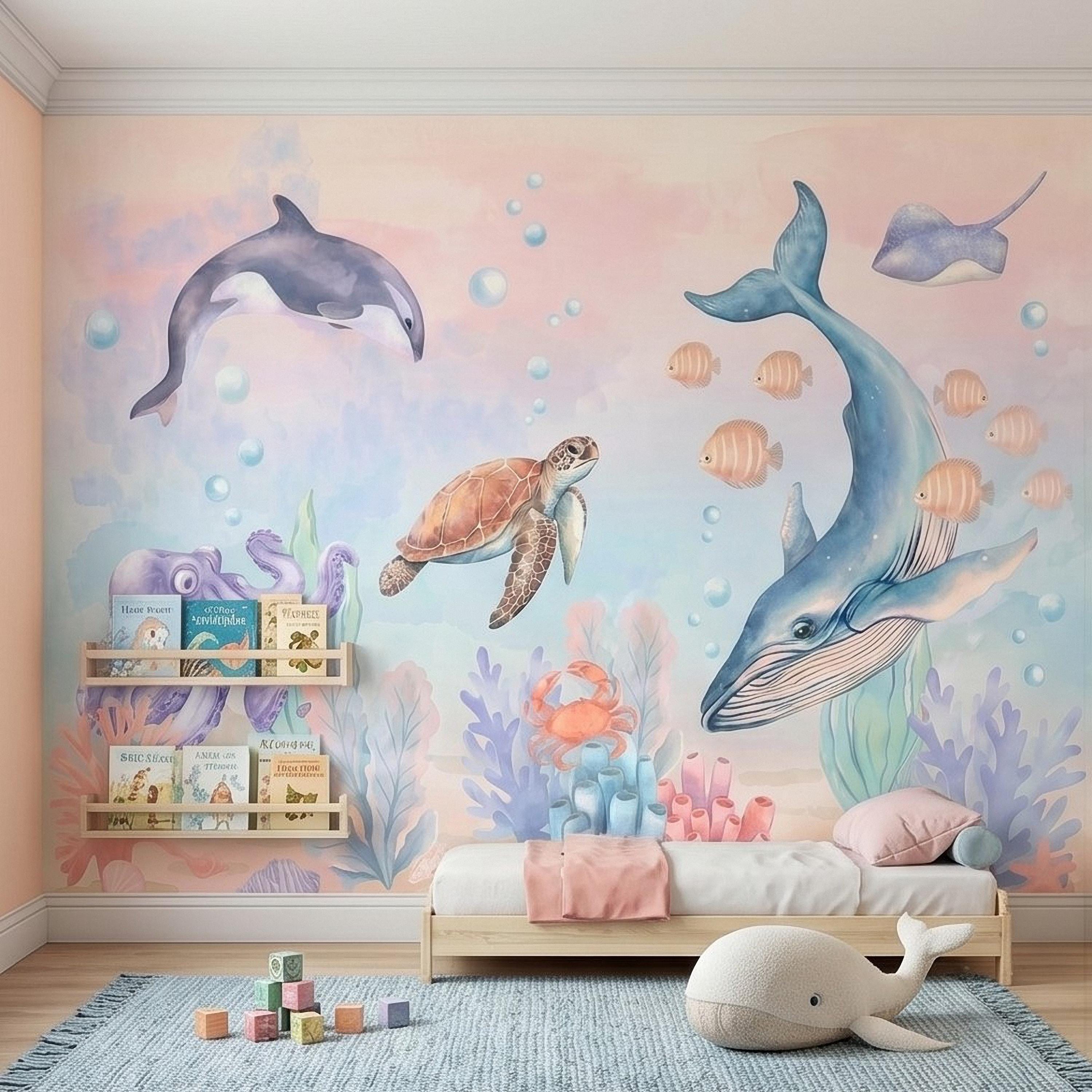 Watercolor Ocean Peel and Stick Wall Mural, Underwater Sea Animals with Whale Orca Turtle and Octopus, Pastel Nursery Wallpaper