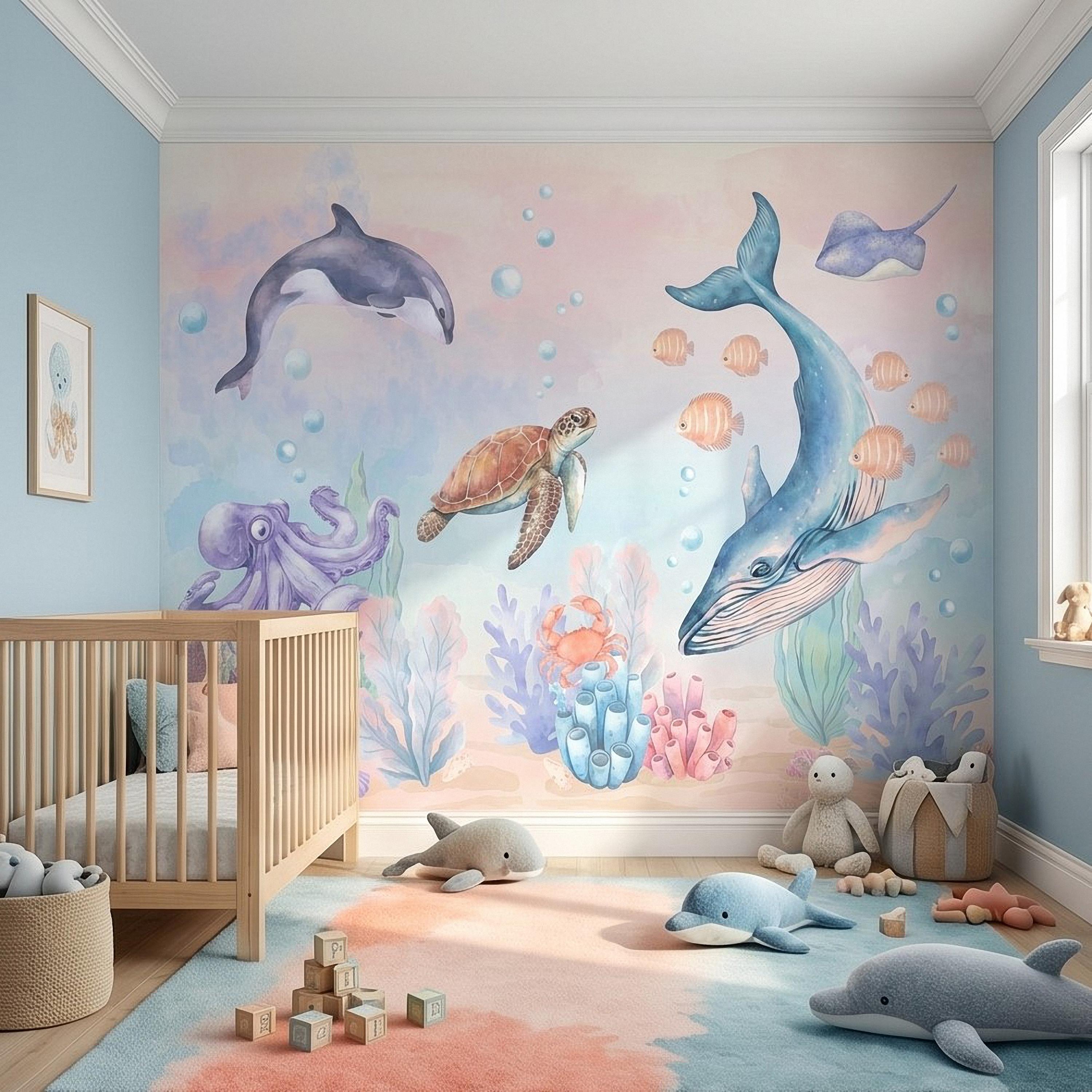 Watercolor Ocean Peel and Stick Wall Mural, Underwater Sea Animals with Whale Orca Turtle and Octopus, Pastel Nursery Wallpaper