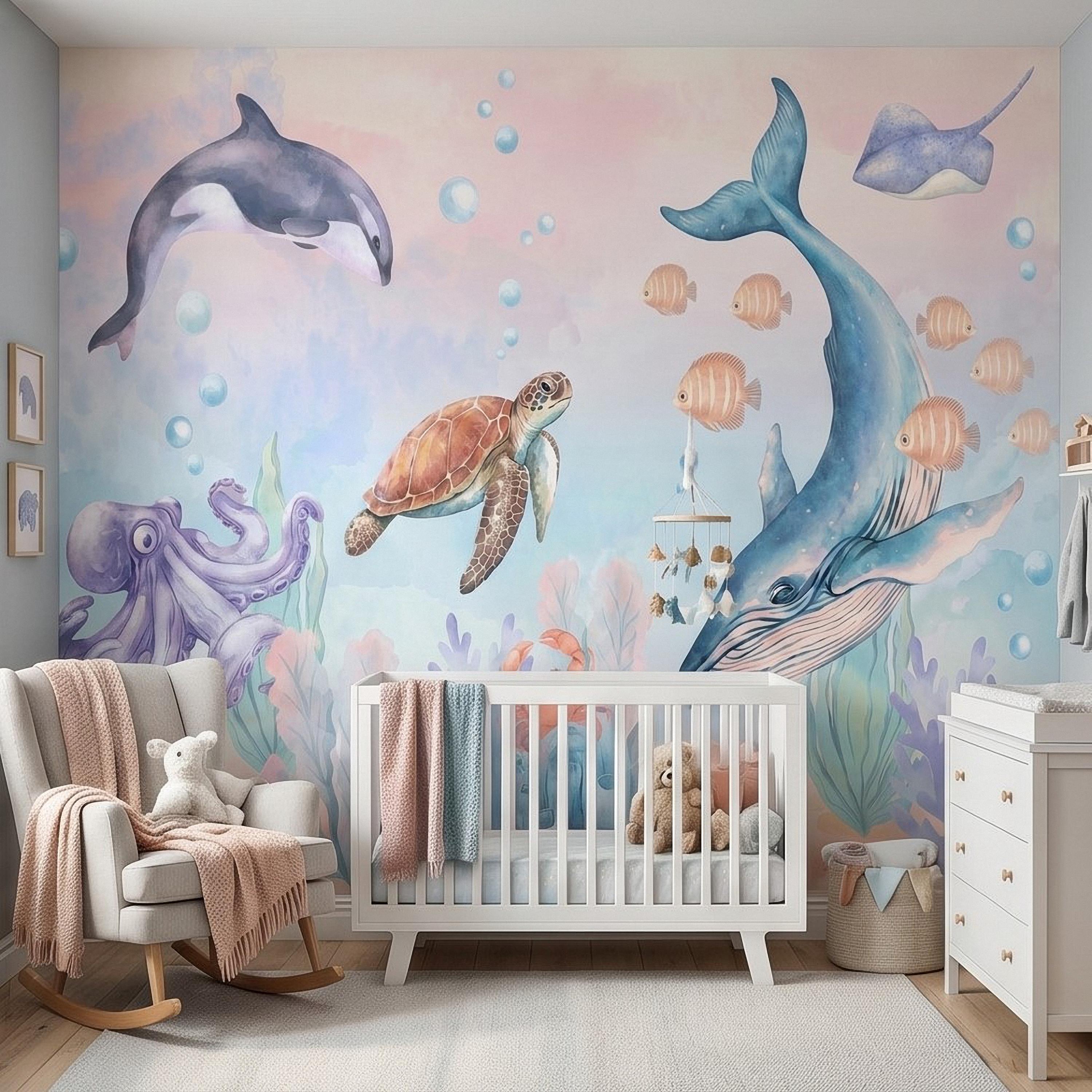 Watercolor Ocean Peel and Stick Wall Mural, Underwater Sea Animals with Whale Orca Turtle and Octopus, Pastel Nursery Wallpaper