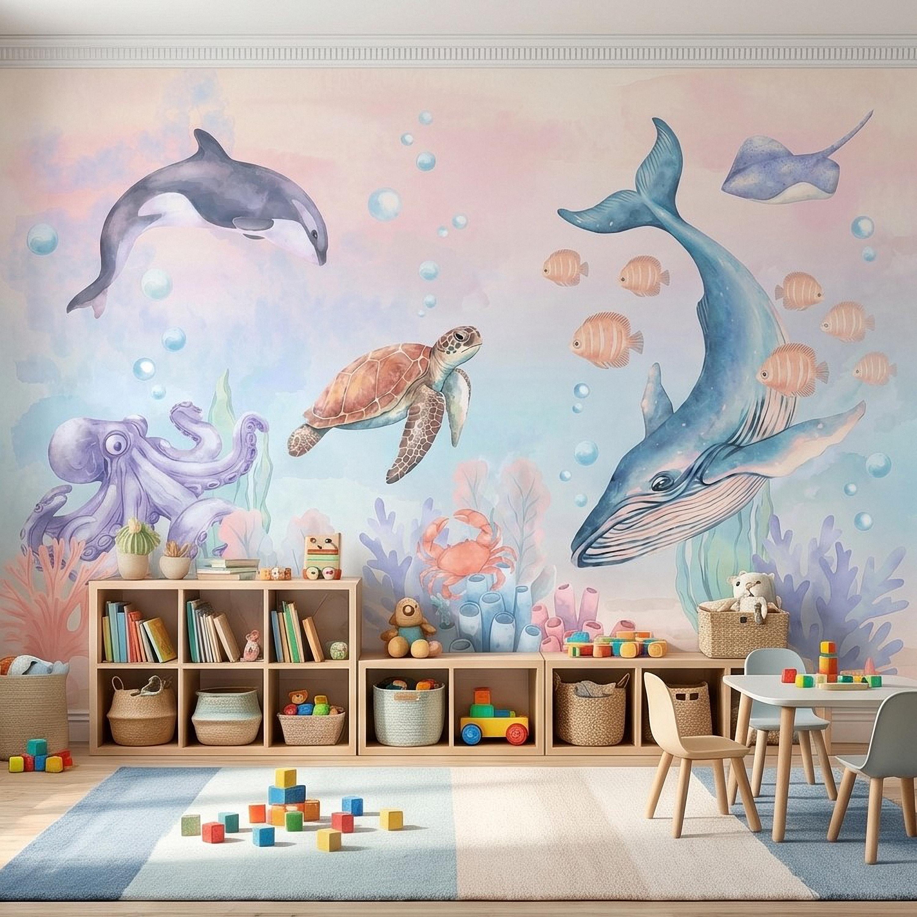 Watercolor Ocean Peel and Stick Wall Mural, Underwater Sea Animals with Whale Orca Turtle and Octopus, Pastel Nursery Wallpaper