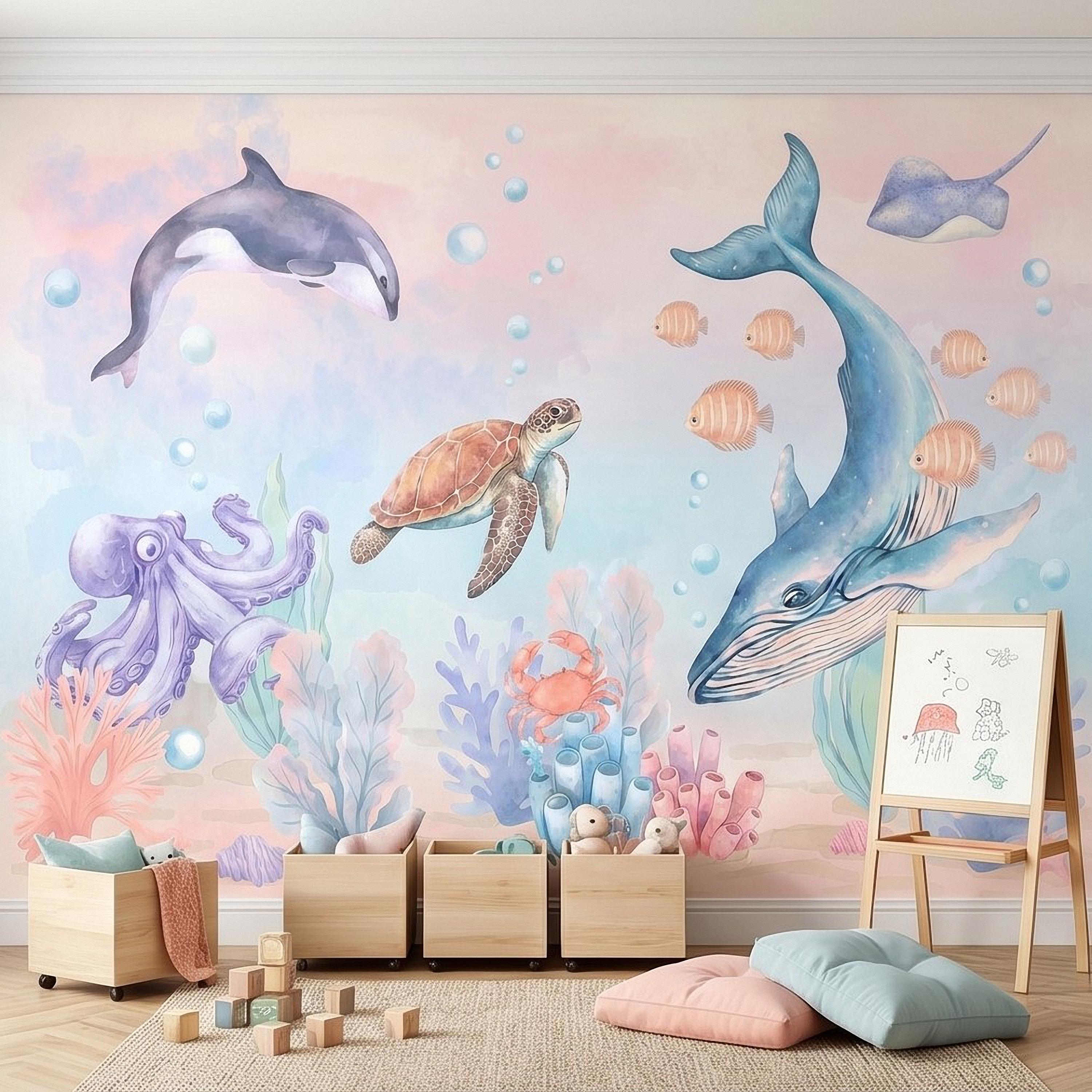 Watercolor Ocean Peel and Stick Wall Mural, Underwater Sea Animals with Whale Orca Turtle and Octopus, Pastel Nursery Wallpaper