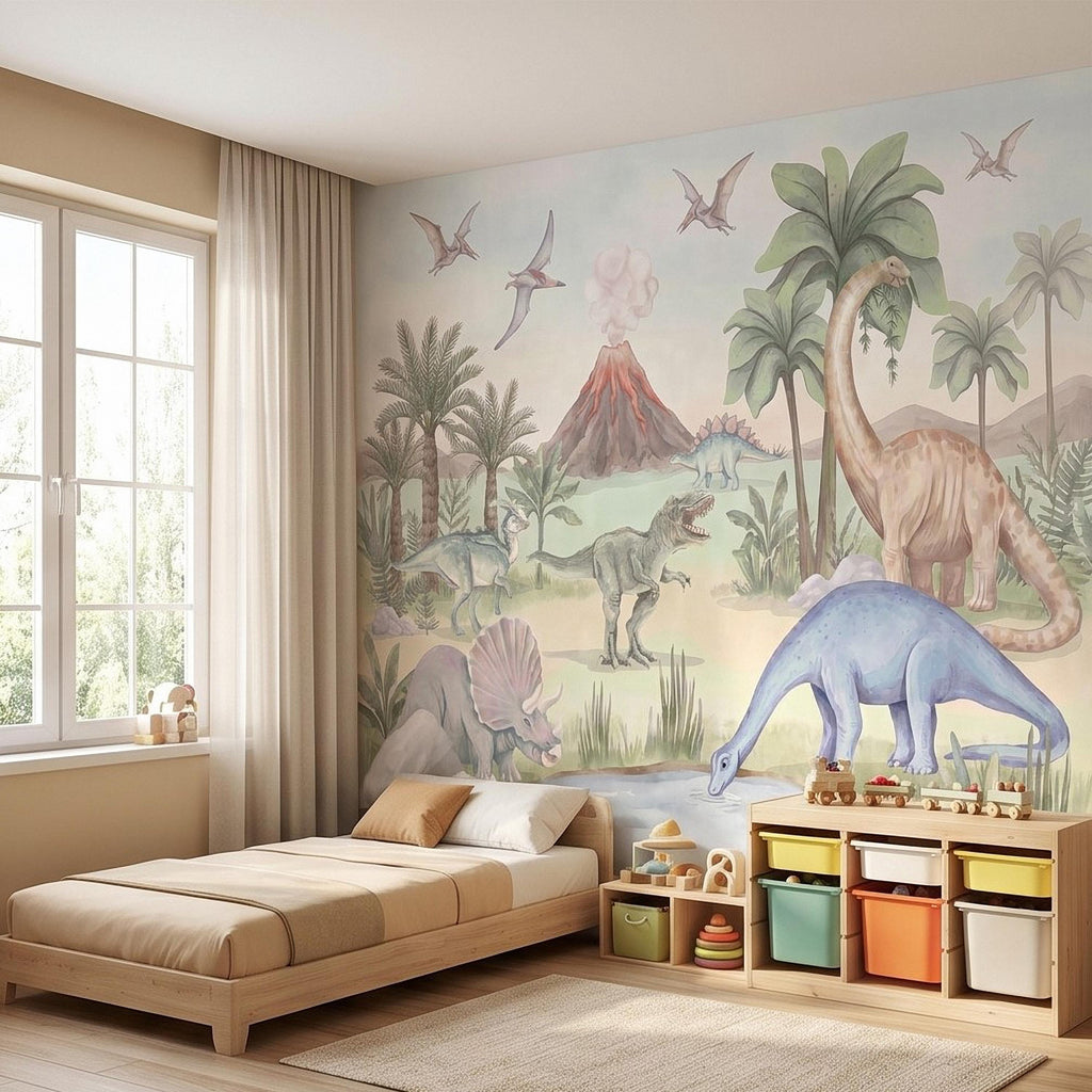 Dinosaur Peel and Stick Wall Mural, Watercolor Jurassic Volcano Scene with T Rex and Triceratops, Kids Room Nursery Wallpaper