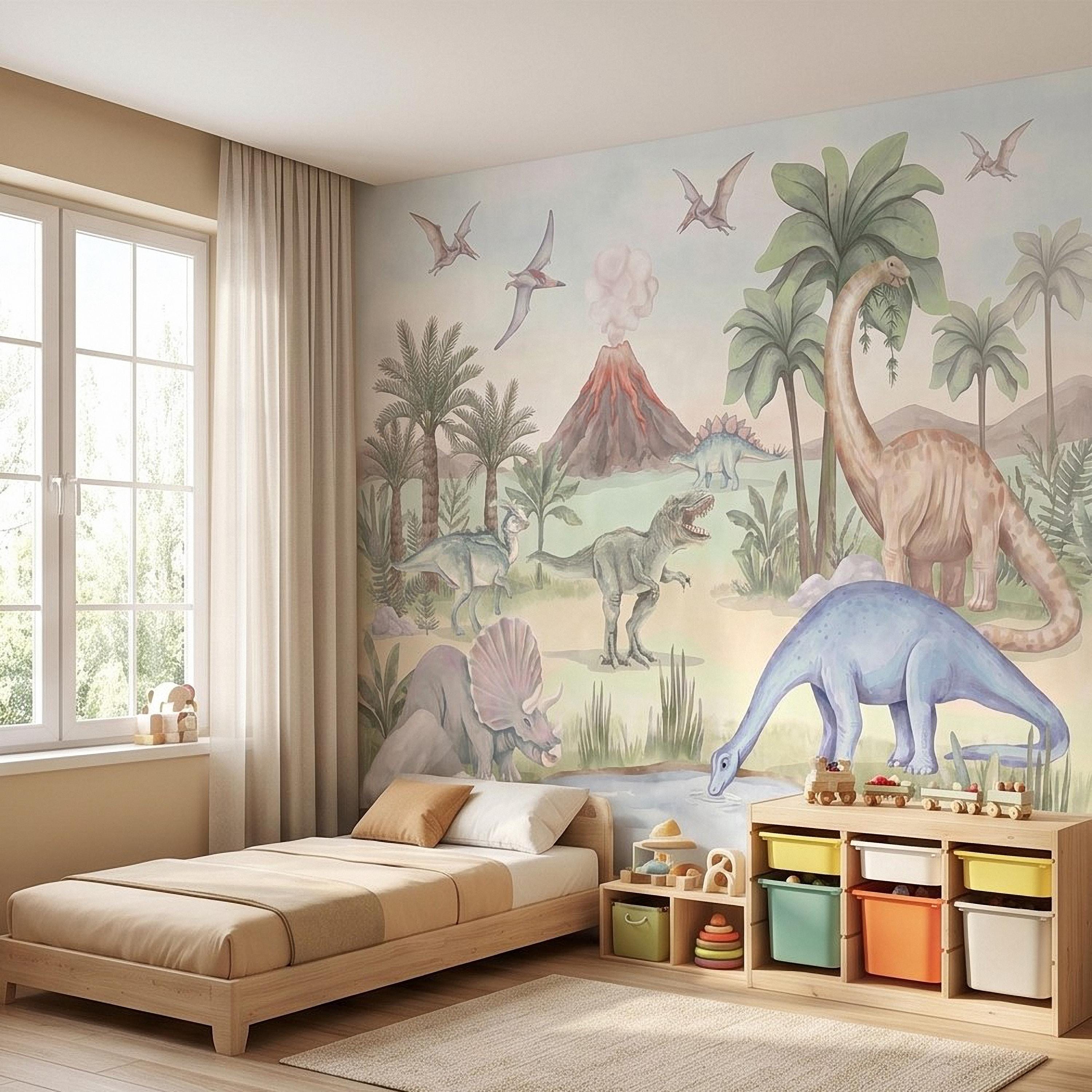 Dinosaur Peel and Stick Wall Mural, Watercolor Jurassic Volcano Scene with T Rex and Triceratops, Kids Room Nursery Wallpaper