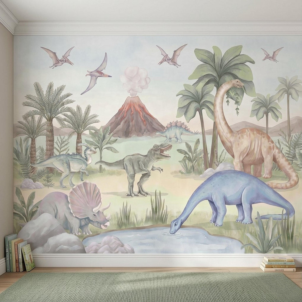 Dinosaur Peel and Stick Wall Mural, Watercolor Jurassic Volcano Scene with T Rex and Triceratops, Kids Room Nursery Wallpaper