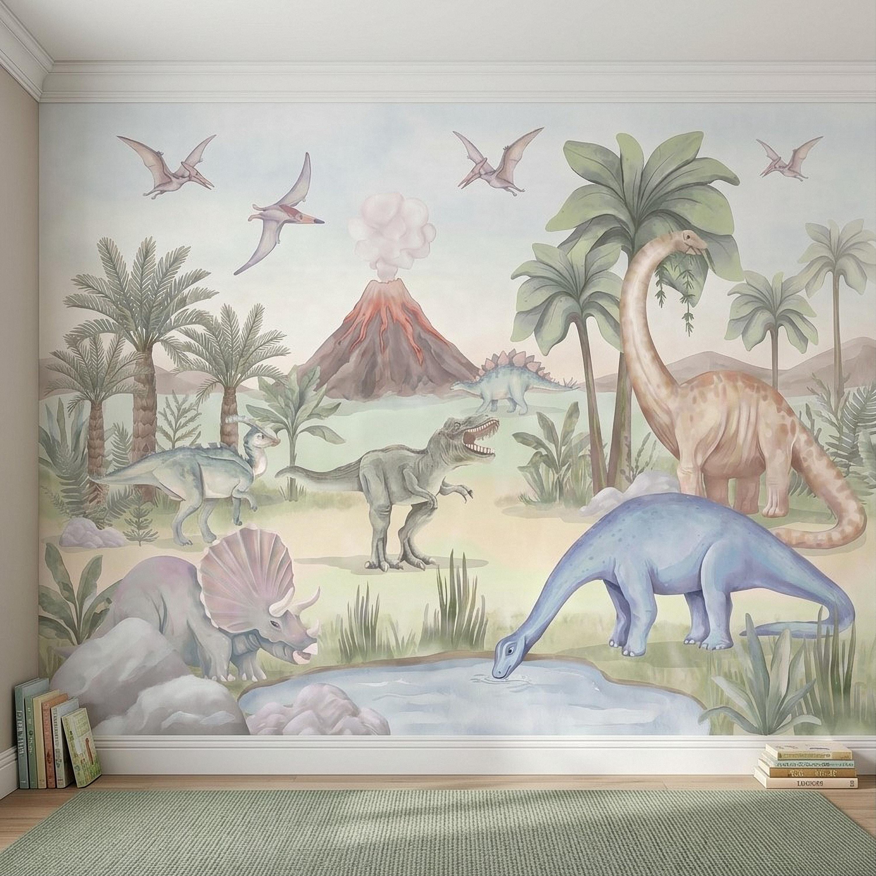 Dinosaur Peel and Stick Wall Mural, Watercolor Jurassic Volcano Scene with T Rex and Triceratops, Kids Room Nursery Wallpaper