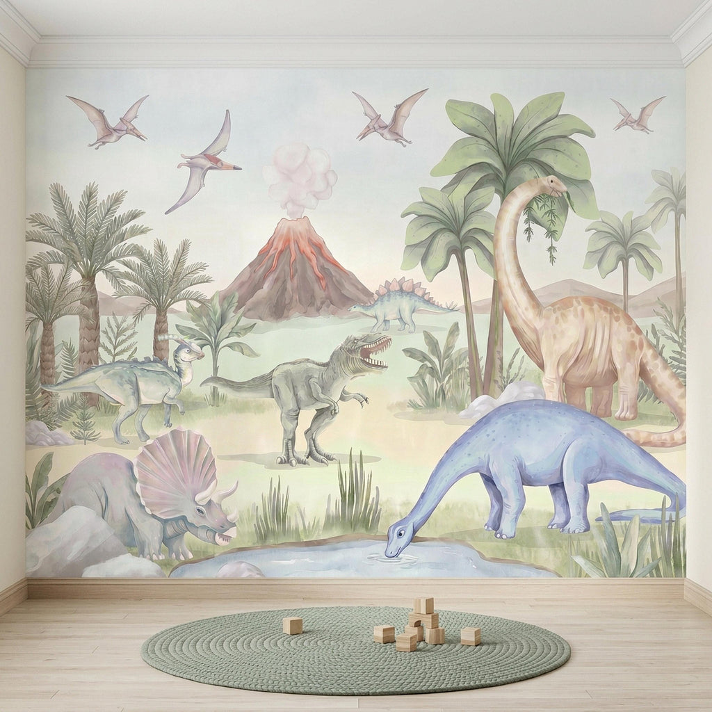 Dinosaur Peel and Stick Wall Mural, Watercolor Jurassic Volcano Scene with T Rex and Triceratops, Kids Room Nursery Wallpaper