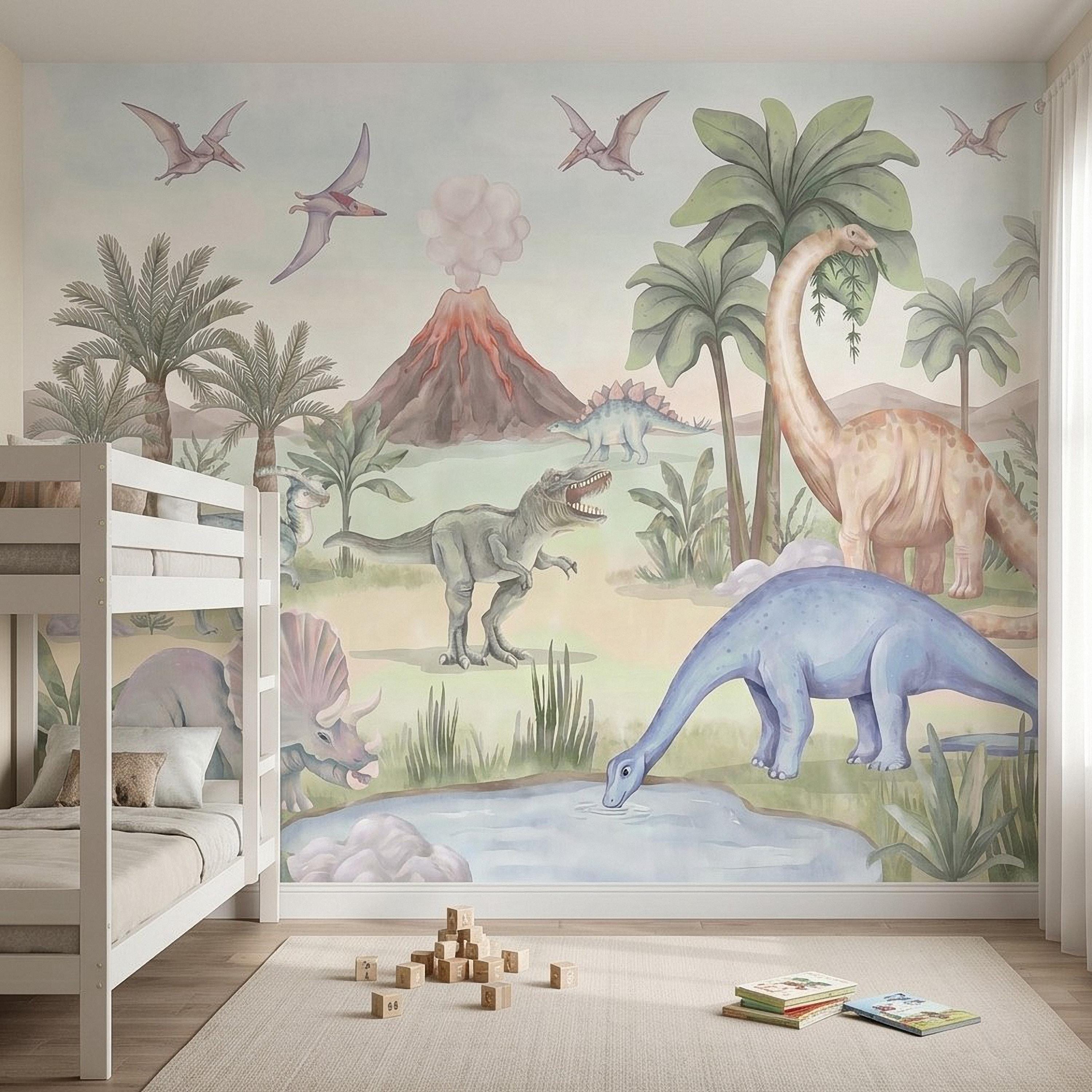 Dinosaur Peel and Stick Wall Mural, Watercolor Jurassic Volcano Scene with T Rex and Triceratops, Kids Room Nursery Wallpaper
