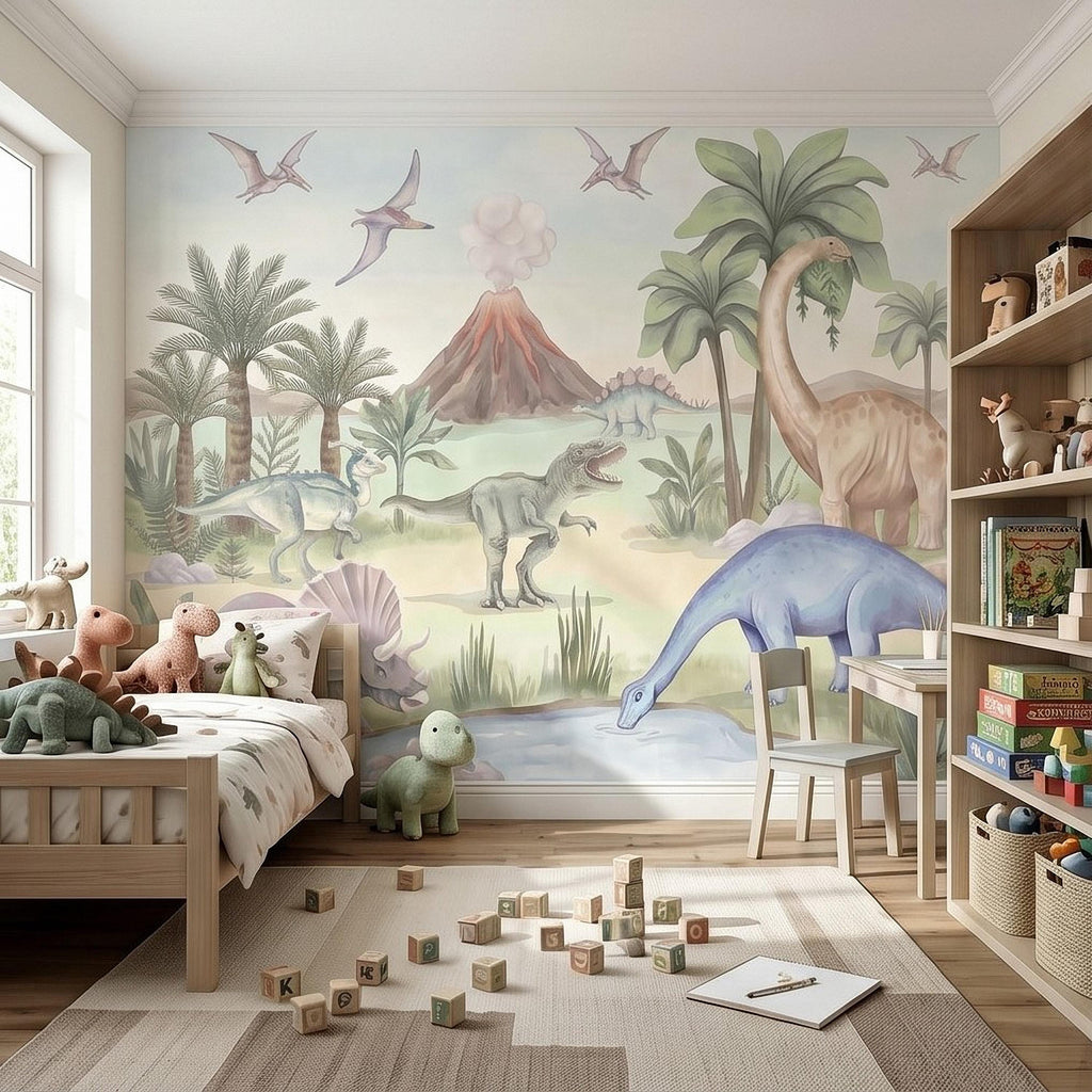 Dinosaur Peel and Stick Wall Mural, Watercolor Jurassic Volcano Scene with T Rex and Triceratops, Kids Room Nursery Wallpaper