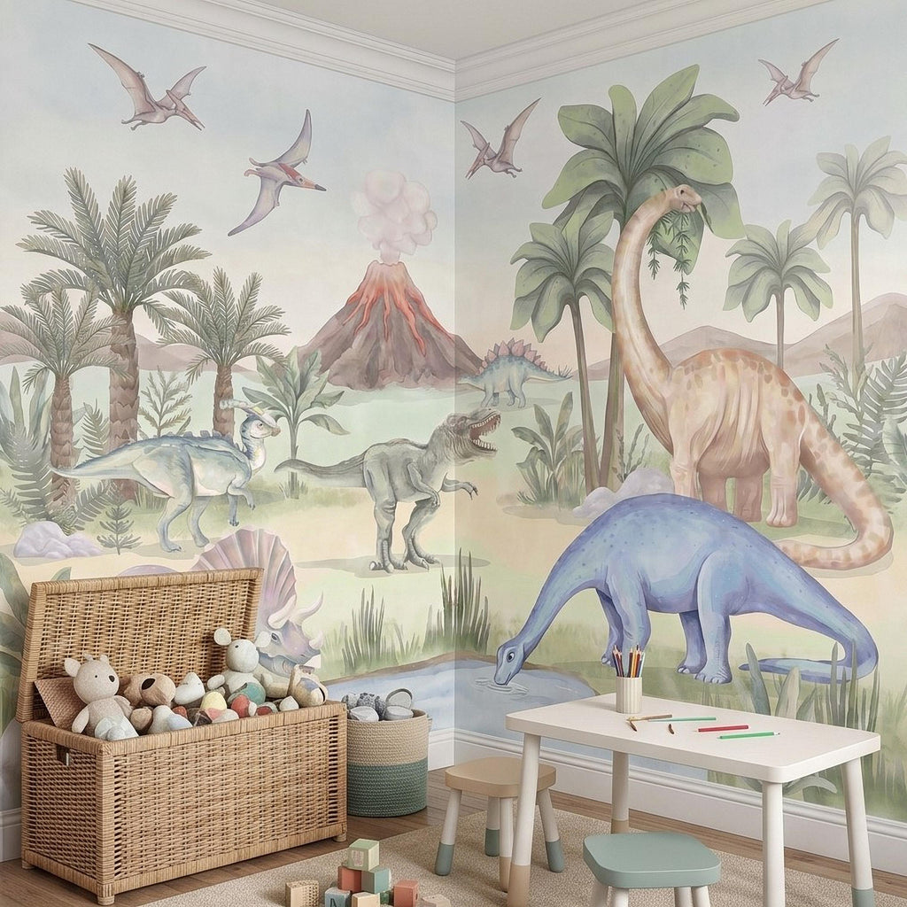 Dinosaur Peel and Stick Wall Mural, Watercolor Jurassic Volcano Scene with T Rex and Triceratops, Kids Room Nursery Wallpaper