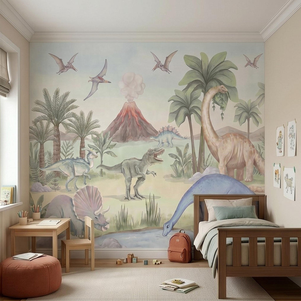 Dinosaur Peel and Stick Wall Mural, Watercolor Jurassic Volcano Scene with T Rex and Triceratops, Kids Room Nursery Wallpaper