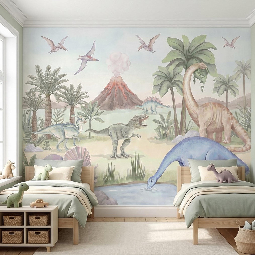 Dinosaur Peel and Stick Wall Mural, Watercolor Jurassic Volcano Scene with T Rex and Triceratops, Kids Room Nursery Wallpaper
