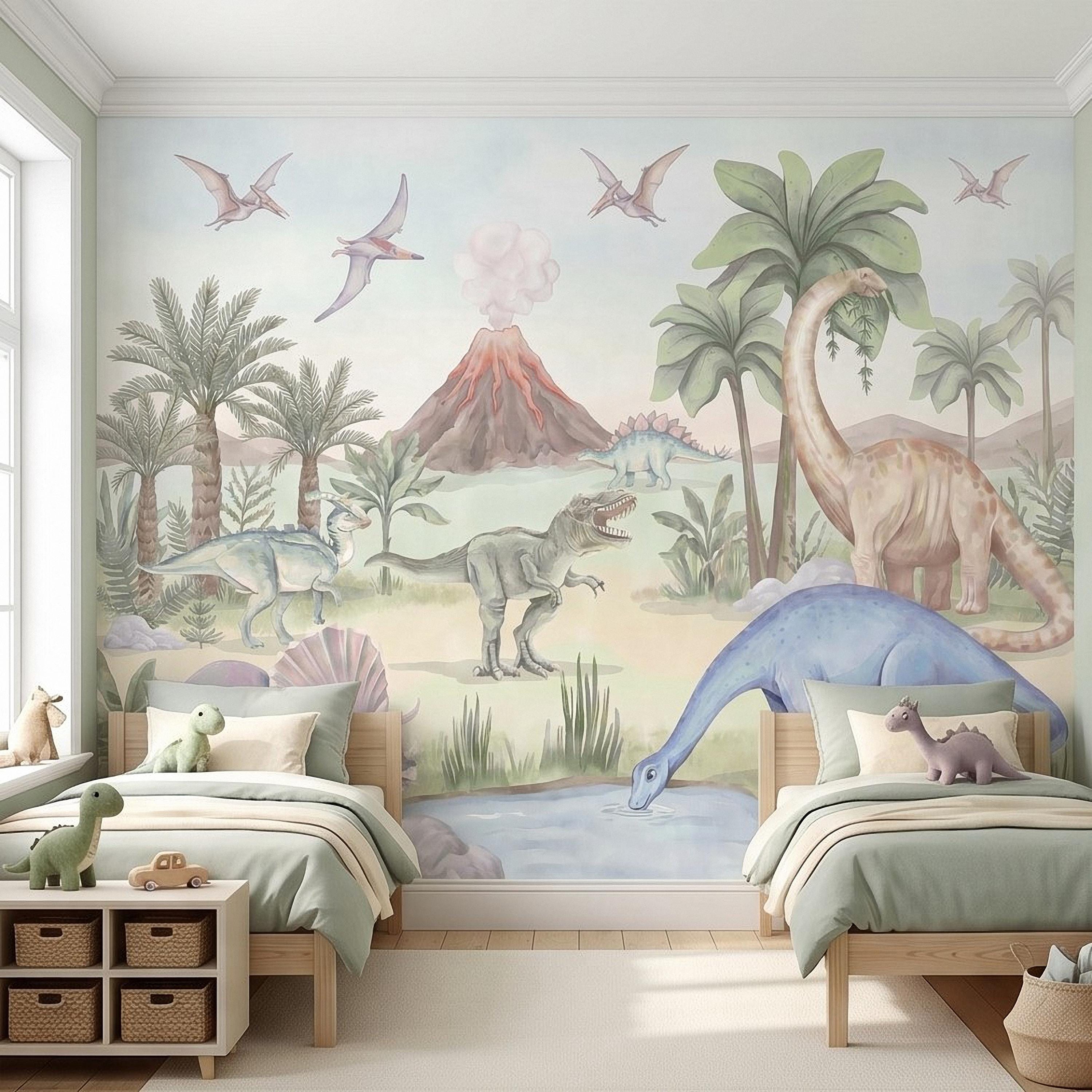 Dinosaur Peel and Stick Wall Mural, Watercolor Jurassic Volcano Scene with T Rex and Triceratops, Kids Room Nursery Wallpaper