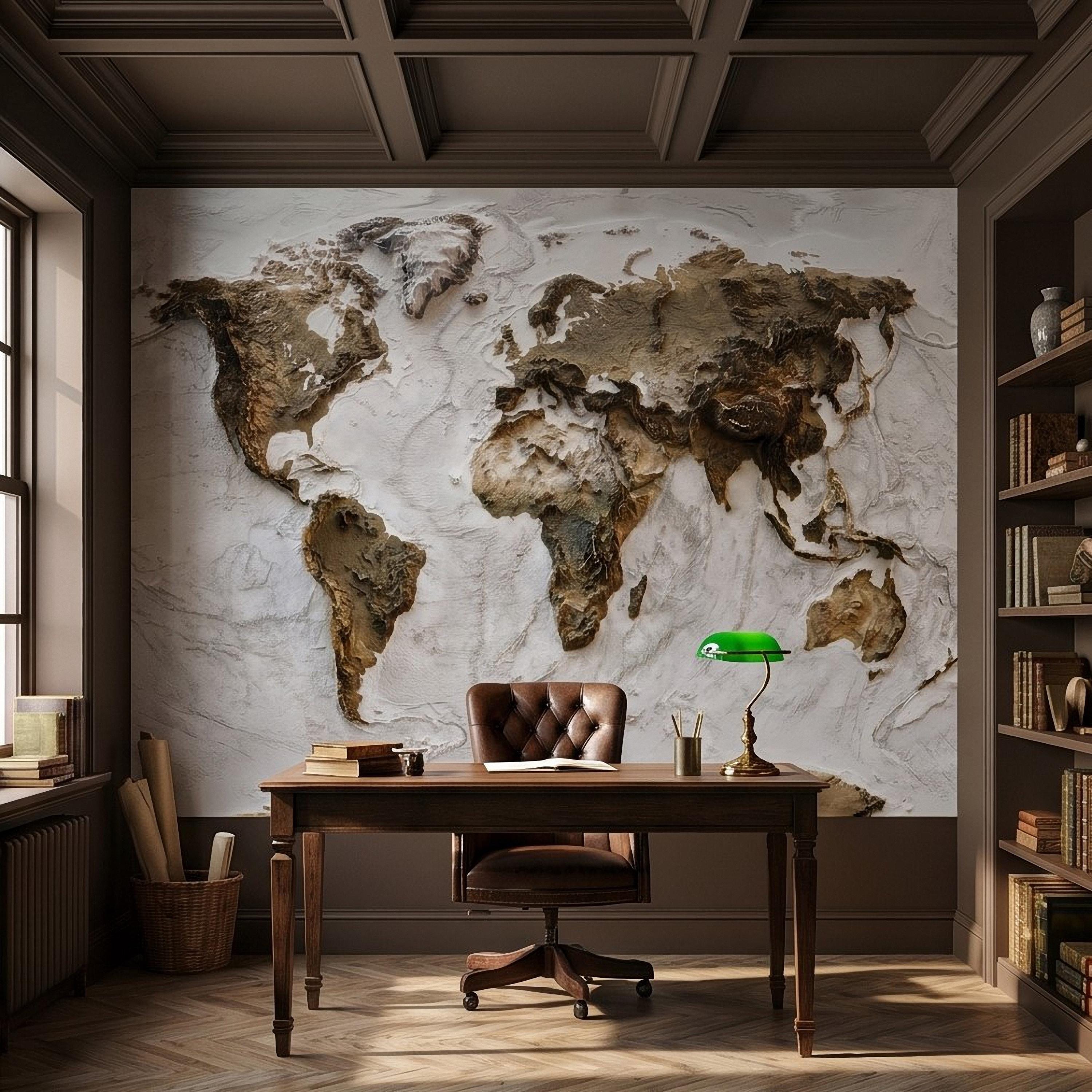 Textured World Map Peel and Stick Wall Mural, Sculpted Continents Relief, Neutral Beige Earth Map, Plaster Effect Wallpaper