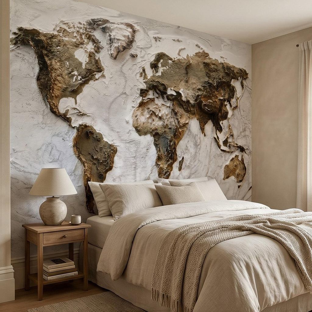 Textured World Map Peel and Stick Wall Mural, Sculpted Continents Relief, Neutral Beige Earth Map, Plaster Effect Wallpaper