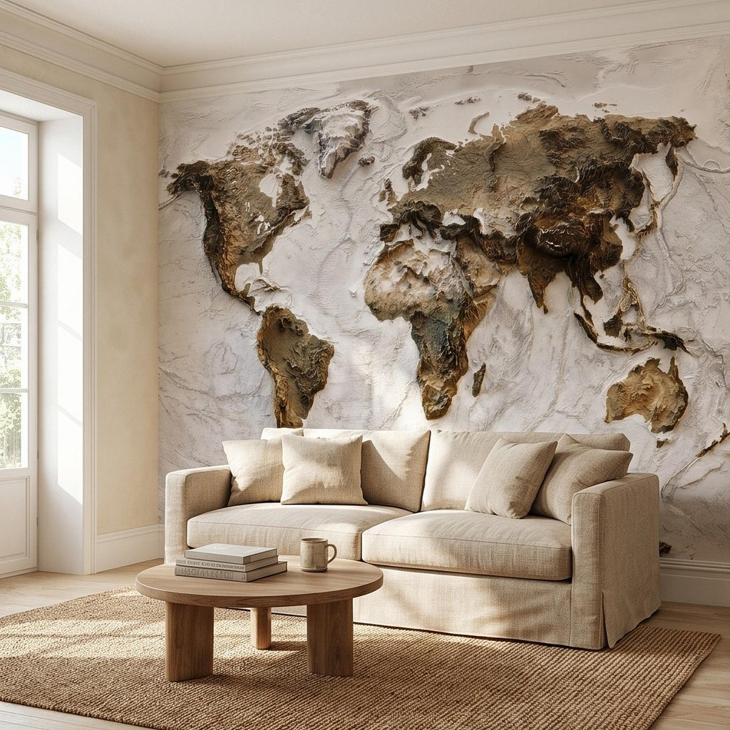 Textured World Map Peel and Stick Wall Mural, Sculpted Continents Relief, Neutral Beige Earth Map, Plaster Effect Wallpaper