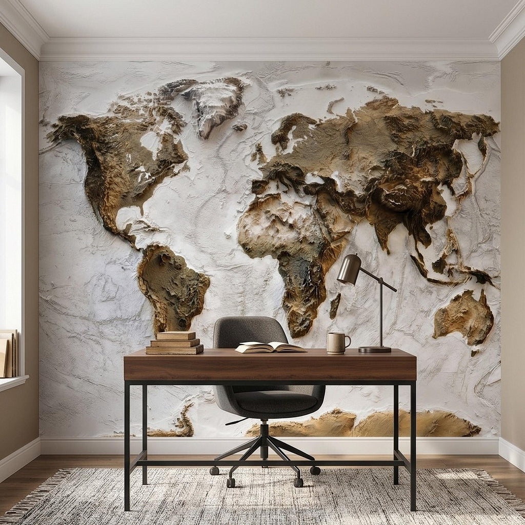 Textured World Map Peel and Stick Wall Mural, Sculpted Continents Relief, Neutral Beige Earth Map, Plaster Effect Wallpaper