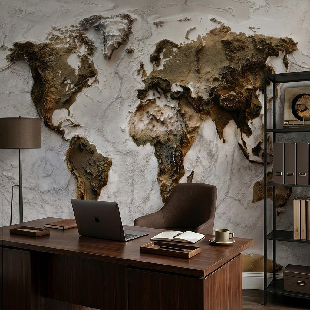 Textured World Map Peel and Stick Wall Mural, Sculpted Continents Relief, Neutral Beige Earth Map, Plaster Effect Wallpaper