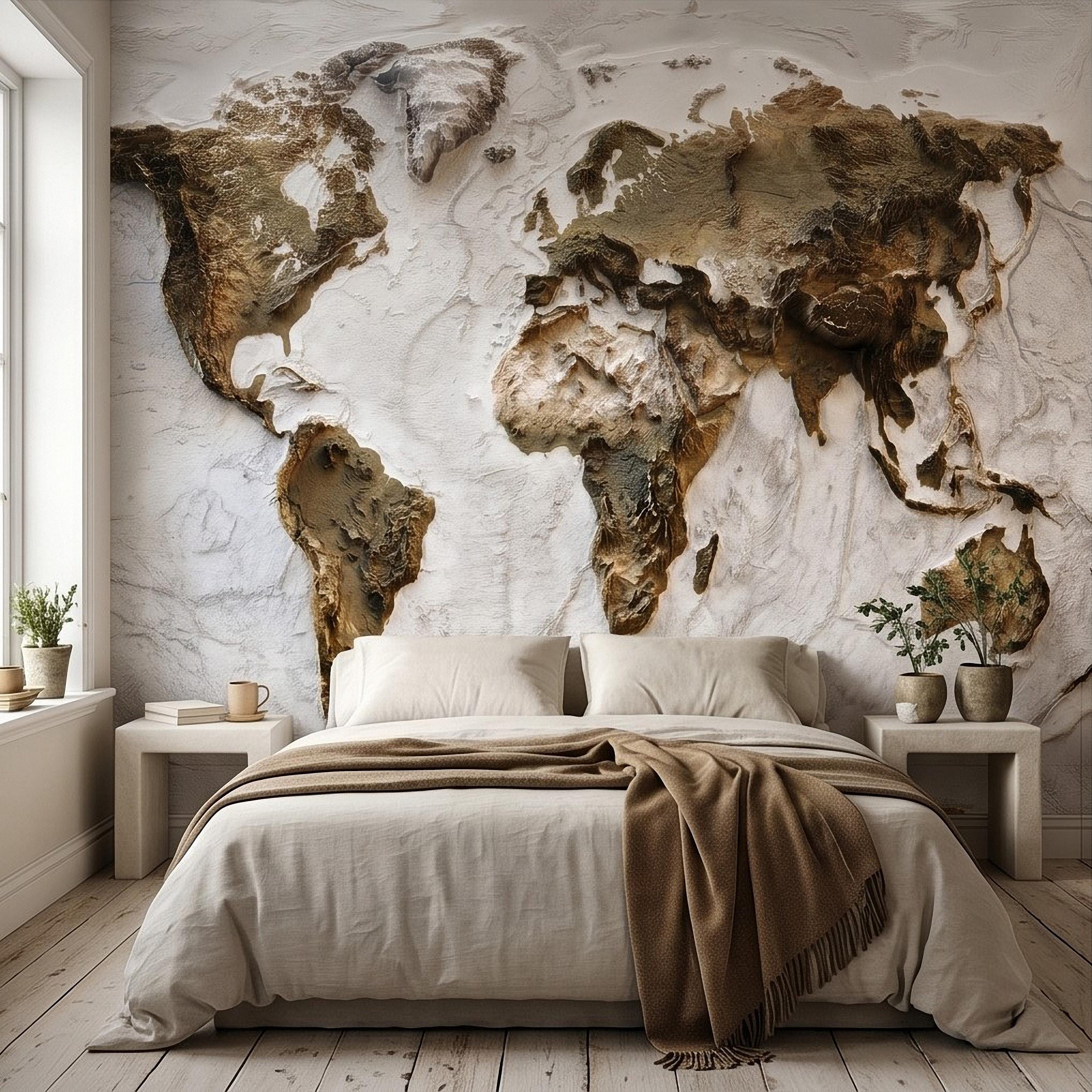 Textured World Map Peel and Stick Wall Mural, Sculpted Continents Relief, Neutral Beige Earth Map, Plaster Effect Wallpaper