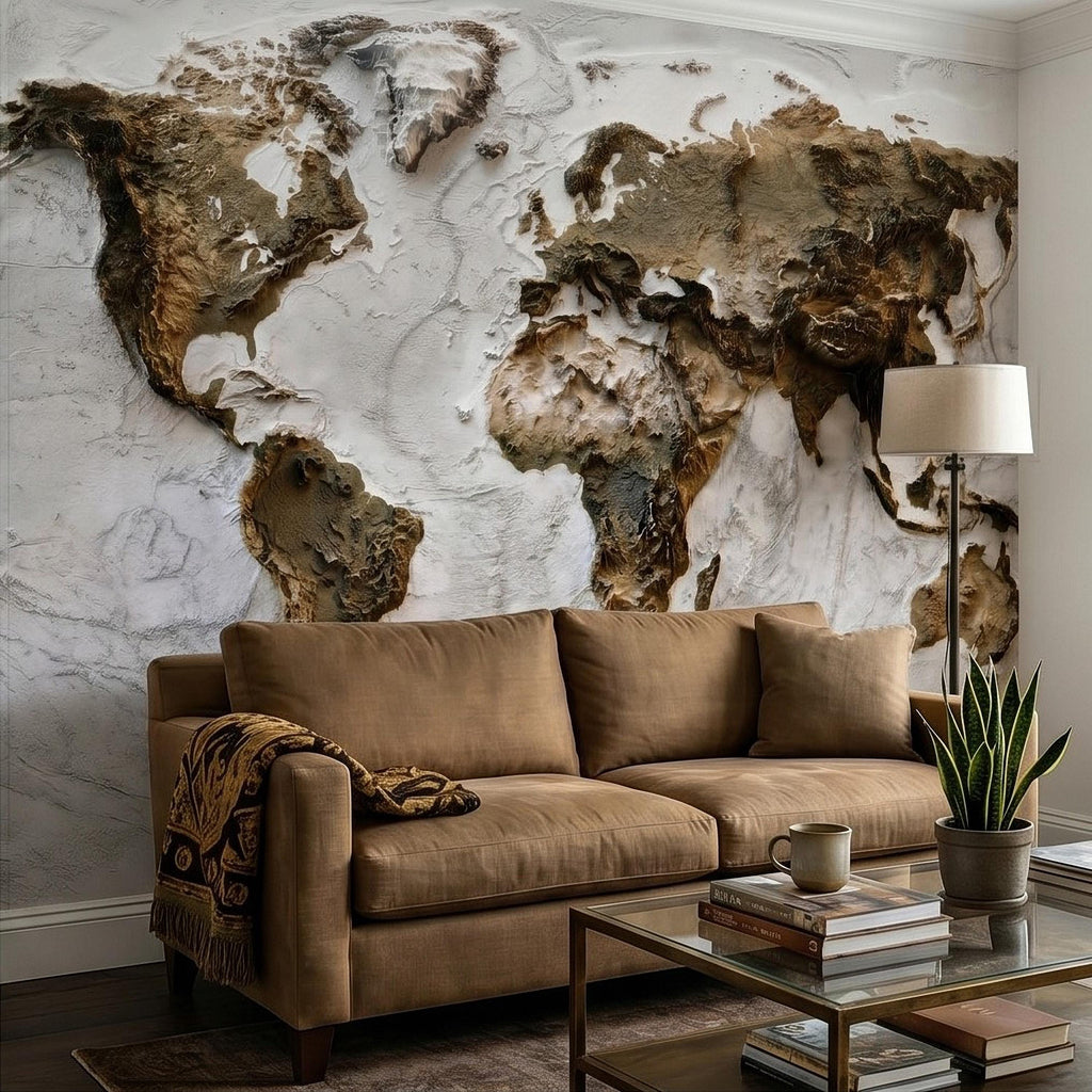 Textured World Map Peel and Stick Wall Mural, Sculpted Continents Relief, Neutral Beige Earth Map, Plaster Effect Wallpaper