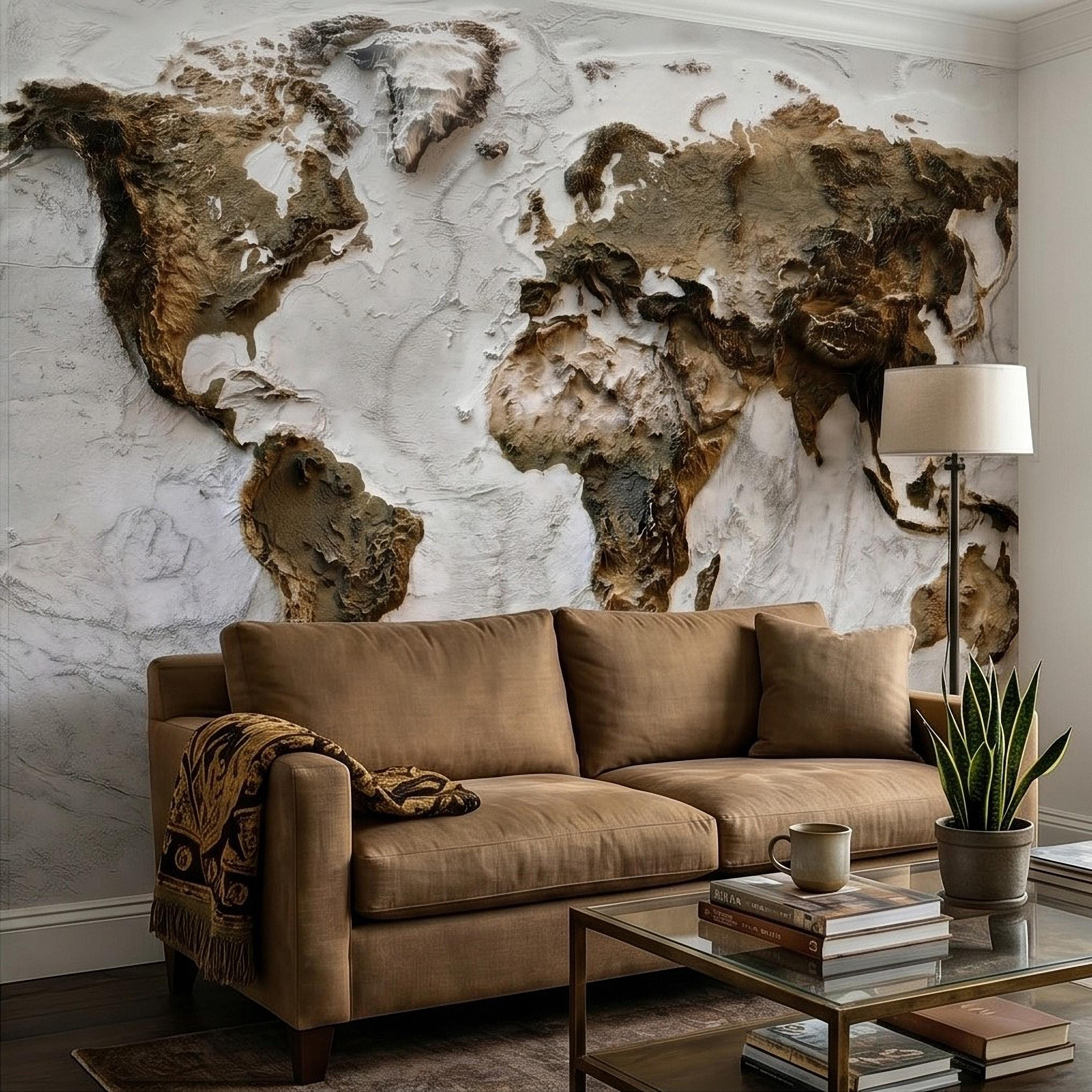 Textured World Map Peel and Stick Wall Mural, Sculpted Continents Relief, Neutral Beige Earth Map, Plaster Effect Wallpaper