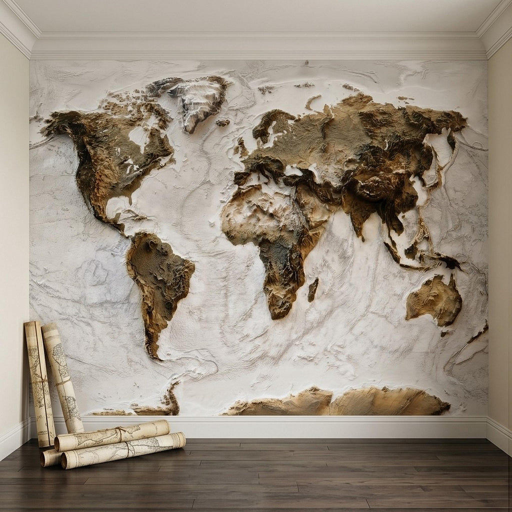 Textured World Map Peel and Stick Wall Mural, Sculpted Continents Relief, Neutral Beige Earth Map, Plaster Effect Wallpaper