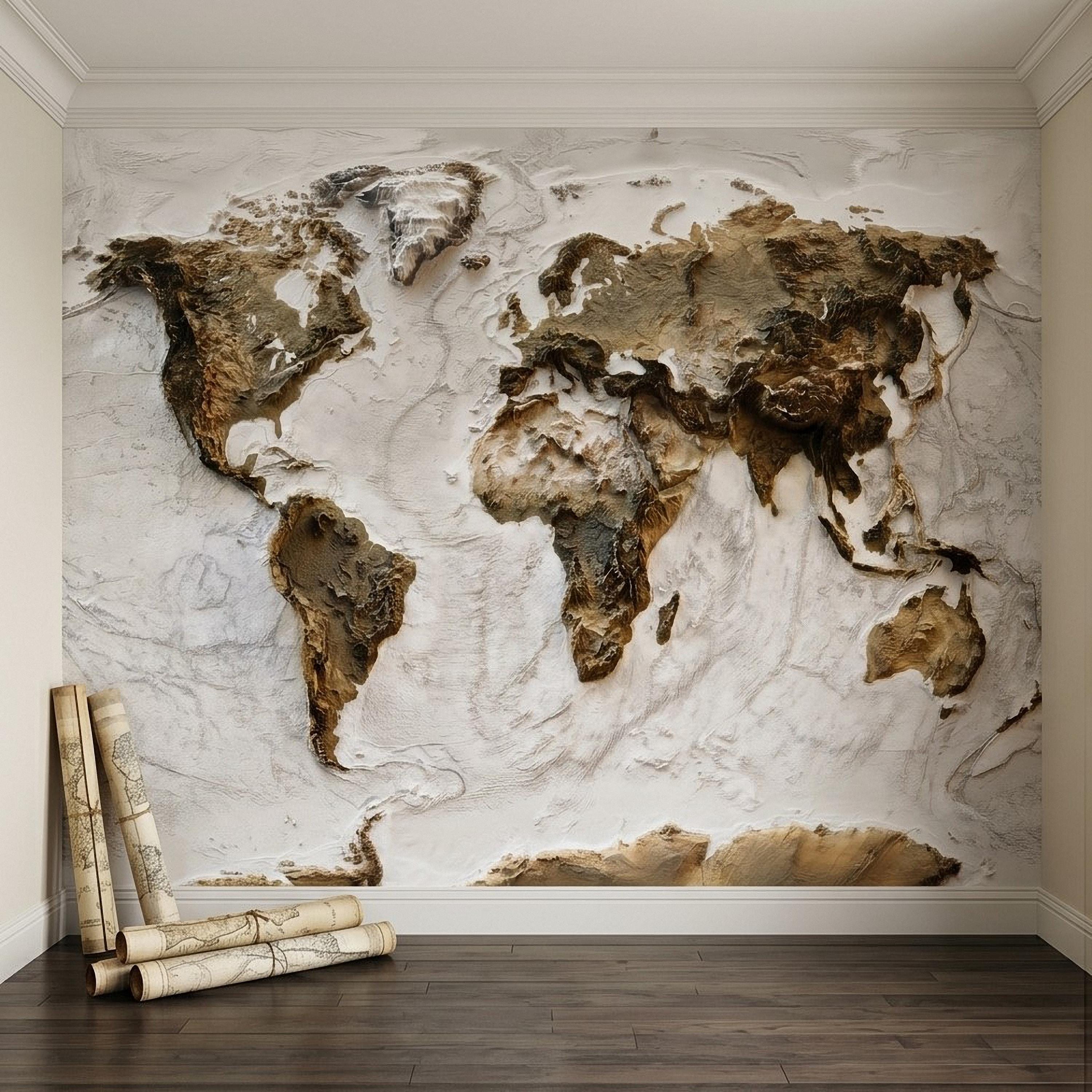 Textured World Map Peel and Stick Wall Mural, Sculpted Continents Relief, Neutral Beige Earth Map, Plaster Effect Wallpaper
