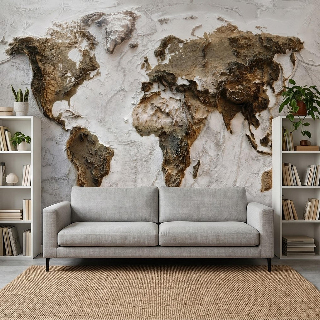Textured World Map Peel and Stick Wall Mural, Sculpted Continents Relief, Neutral Beige Earth Map, Plaster Effect Wallpaper