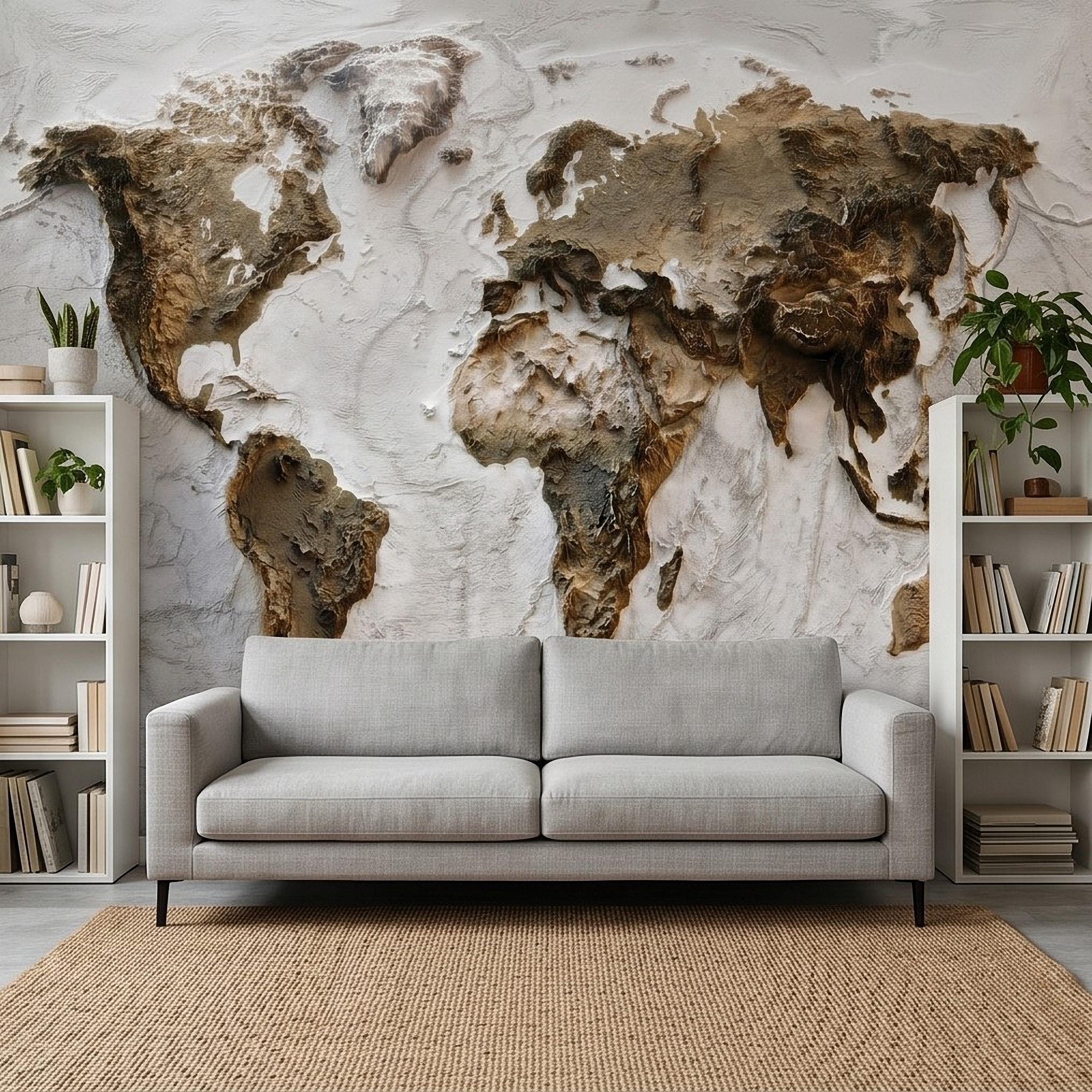 Textured World Map Peel and Stick Wall Mural, Sculpted Continents Relief, Neutral Beige Earth Map, Plaster Effect Wallpaper