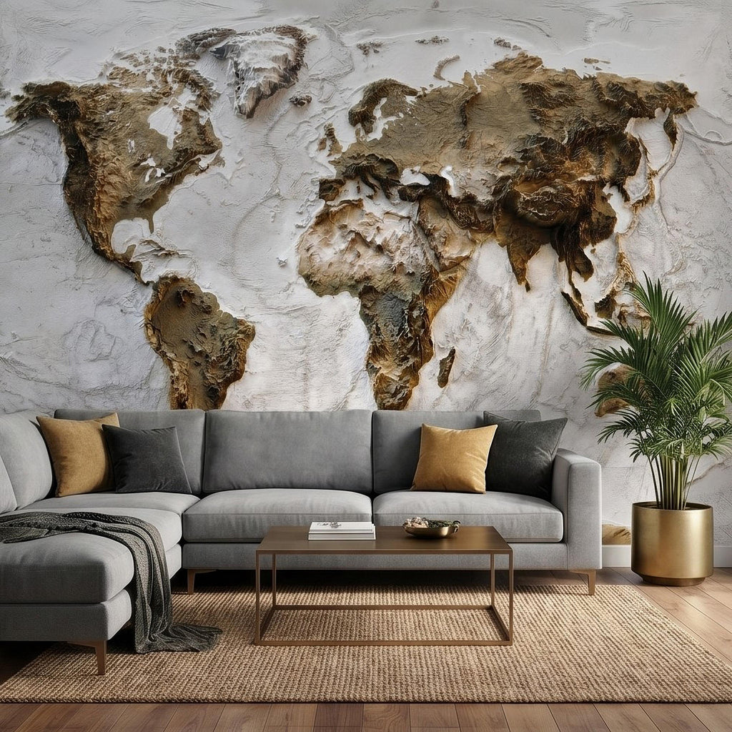 Textured World Map Peel and Stick Wall Mural, Sculpted Continents Relief, Neutral Beige Earth Map, Plaster Effect Wallpaper