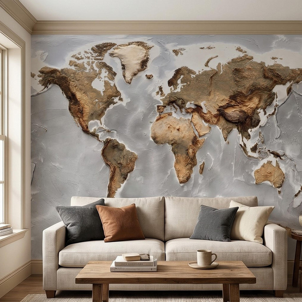 Textured World Map Peel and Stick Wall Mural, Detailed Earth Continents Relief, Neutral Beige Global Map, Plaster Effect Wallpaper