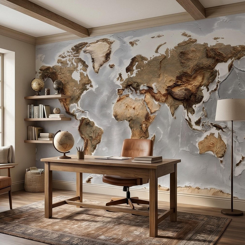 Textured World Map Peel and Stick Wall Mural, Detailed Earth Continents Relief, Neutral Beige Global Map, Plaster Effect Wallpaper