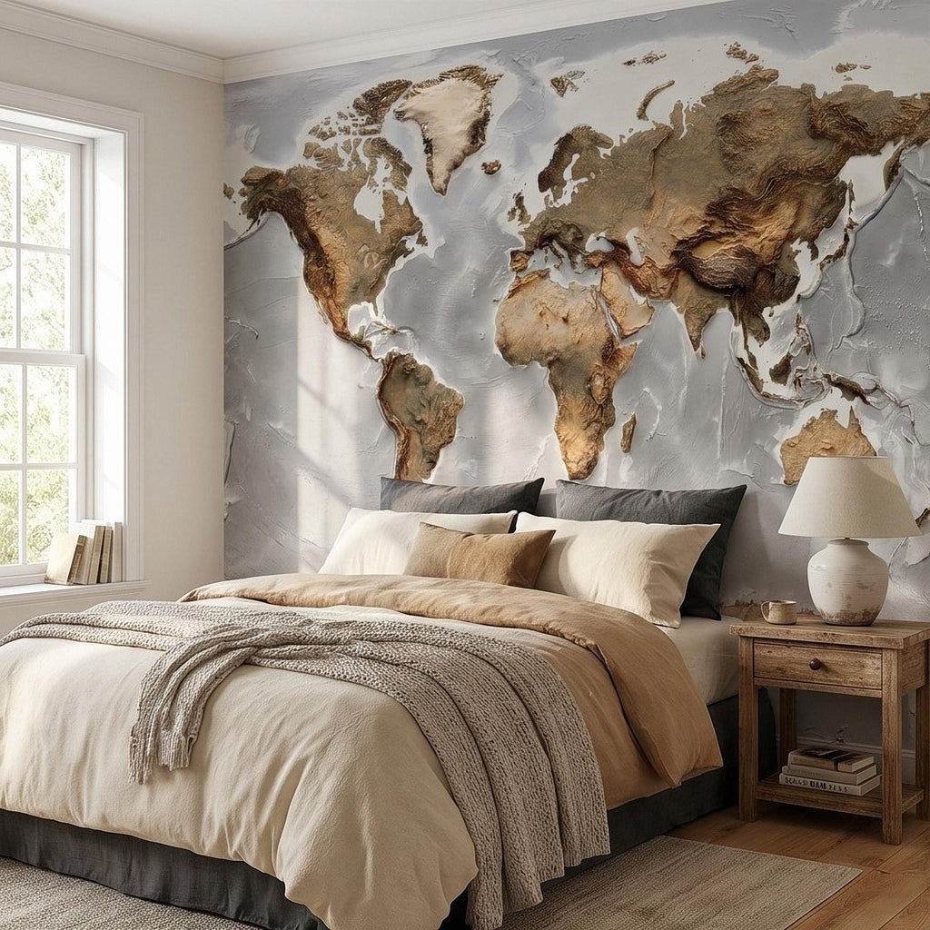 Textured World Map Peel and Stick Wall Mural, Detailed Earth Continents Relief, Neutral Beige Global Map, Plaster Effect Wallpaper