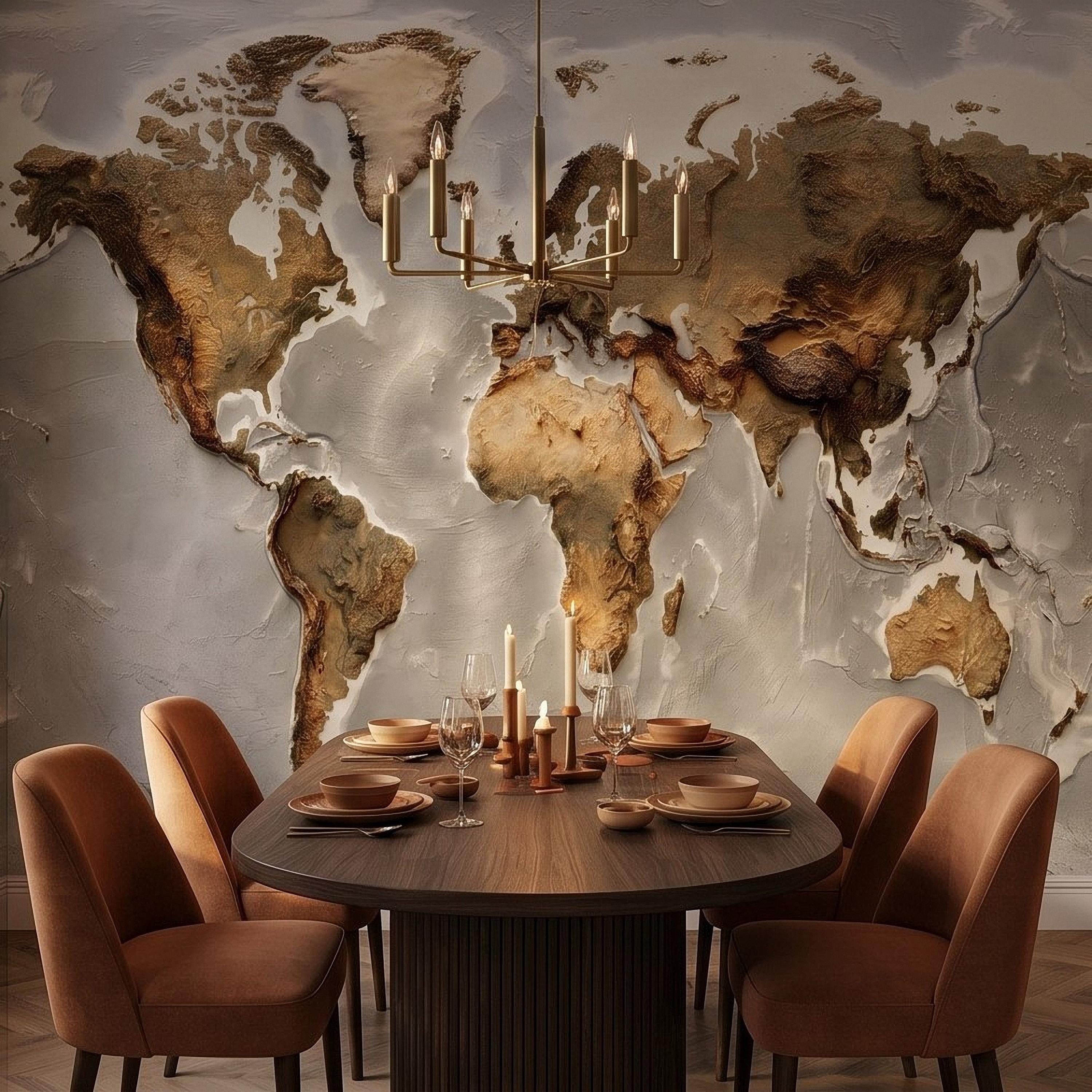 Textured World Map Peel and Stick Wall Mural, Detailed Earth Continents Relief, Neutral Beige Global Map, Plaster Effect Wallpaper