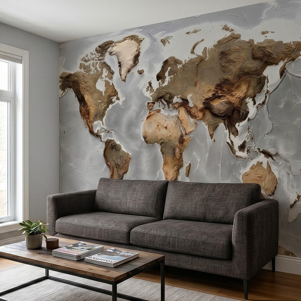 Textured World Map Peel and Stick Wall Mural, Detailed Earth Continents Relief, Neutral Beige Global Map, Plaster Effect Wallpaper