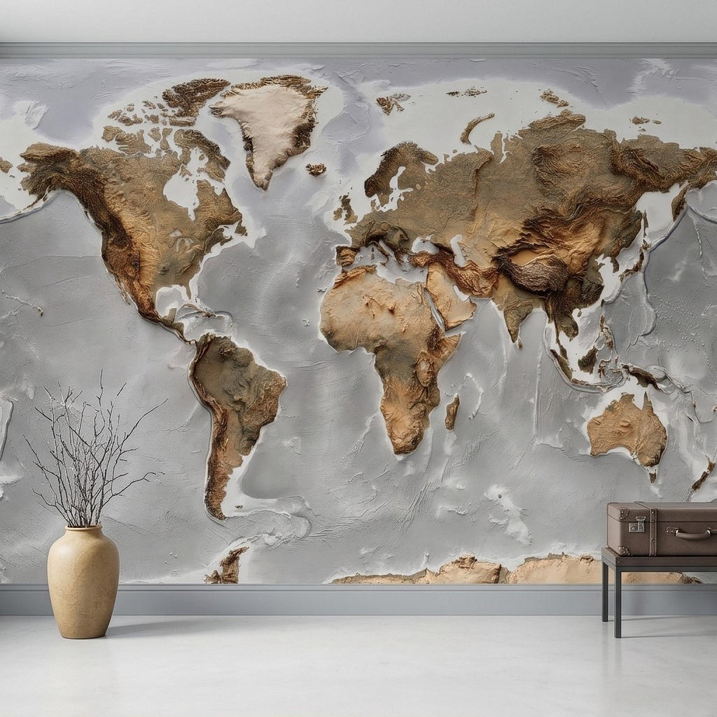 Textured World Map Peel and Stick Wall Mural, Detailed Earth Continents Relief, Neutral Beige Global Map, Plaster Effect Wallpaper
