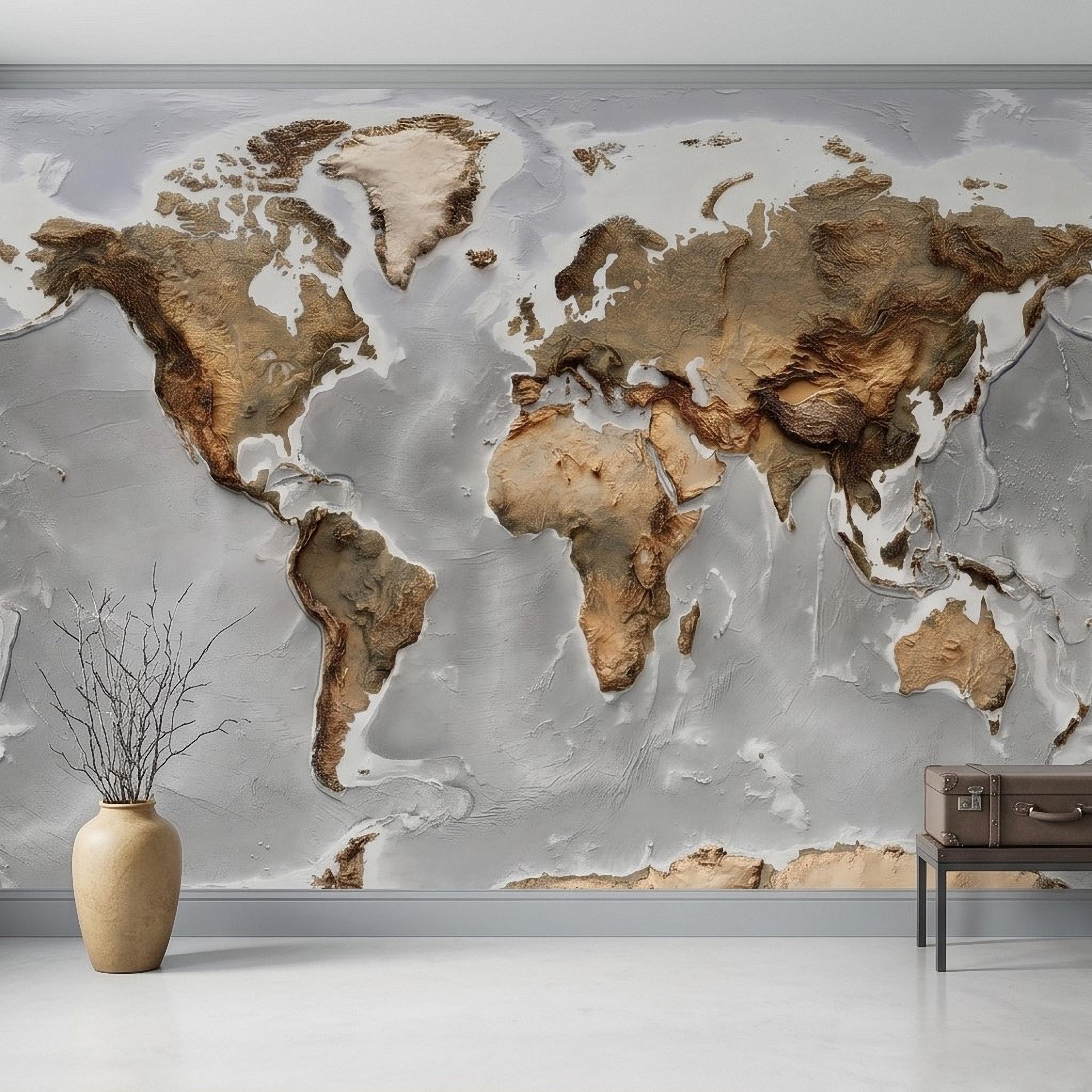 Textured World Map Peel and Stick Wall Mural, Detailed Earth Continents Relief, Neutral Beige Global Map, Plaster Effect Wallpaper