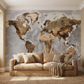 Textured World Map Peel and Stick Wall Mural, Detailed Earth Continents Relief, Neutral Beige Global Map, Plaster Effect Wallpaper