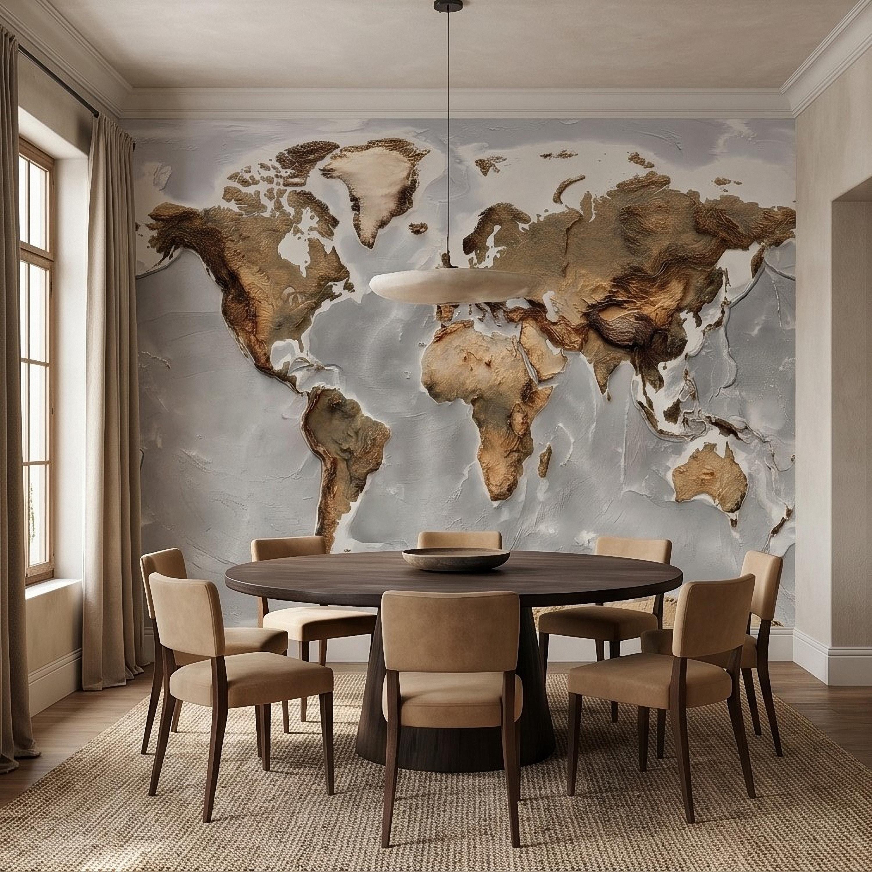 Textured World Map Peel and Stick Wall Mural, Detailed Earth Continents Relief, Neutral Beige Global Map, Plaster Effect Wallpaper